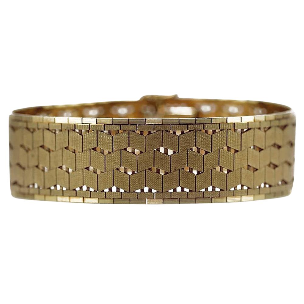Heavy 9 Karat Yellow Gold Articulated Geometric Textured Woven Link Bracelet