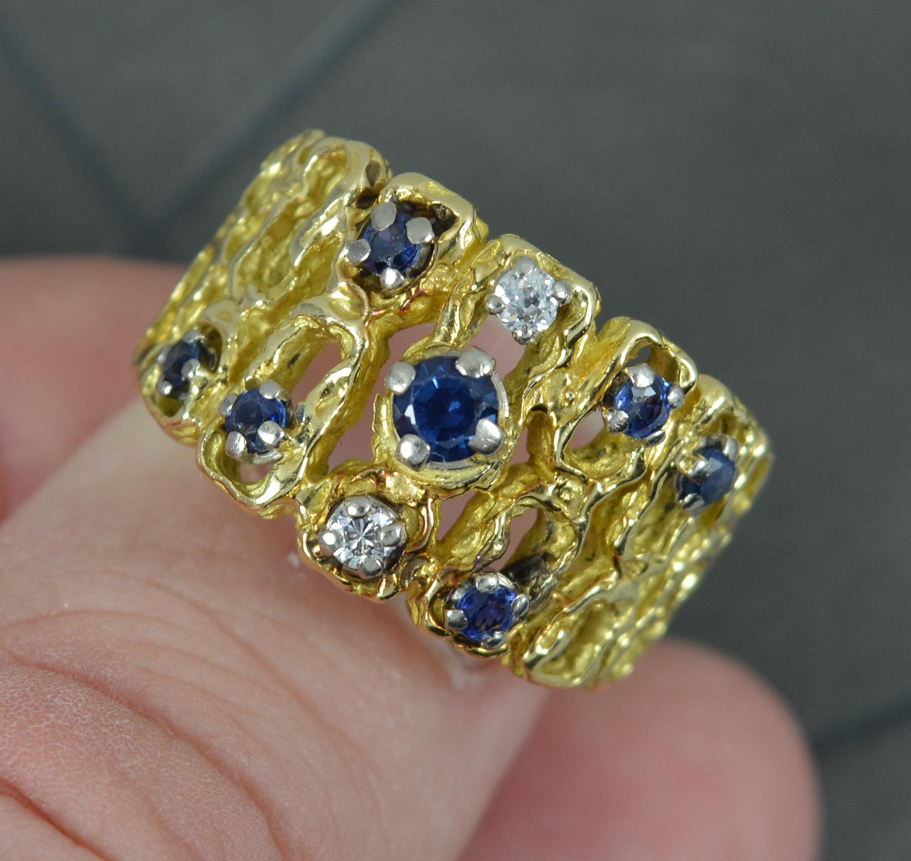 Princess Cut Heavy Abstract Retro 18 Carat Gold Sapphire and Diamond Statement Ring For Sale