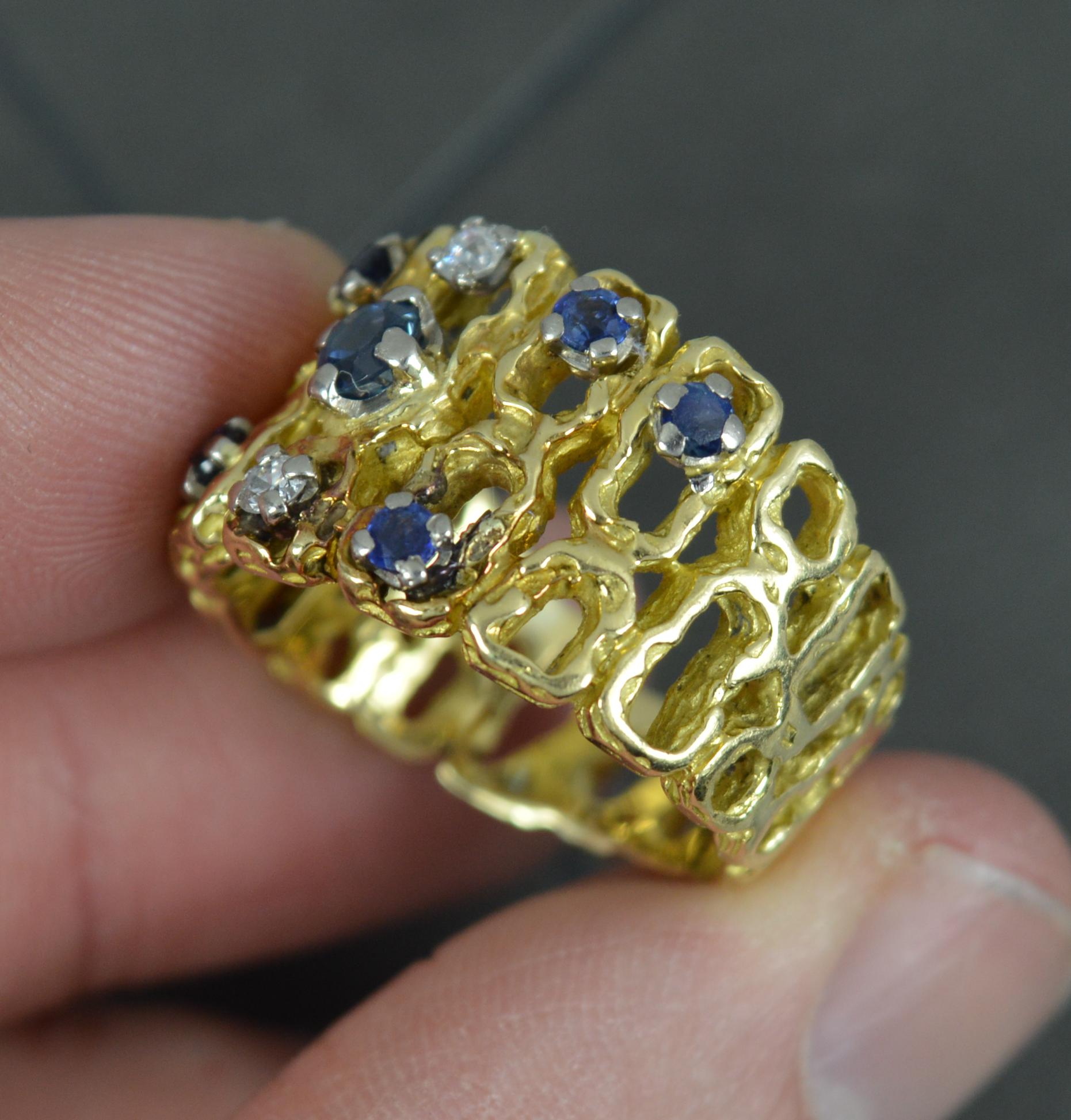 Heavy Abstract Retro 18 Carat Gold Sapphire and Diamond Statement Ring In Excellent Condition For Sale In St Helens, GB