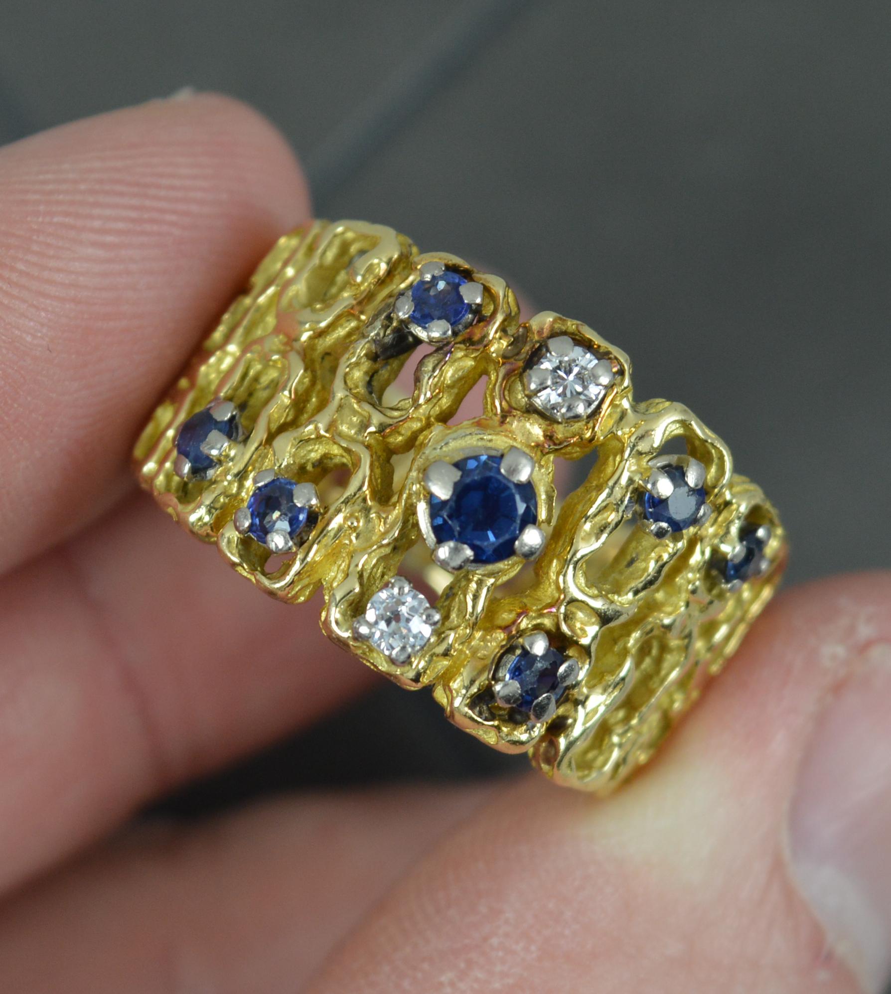 Bague rétro épaisse et abstraite en or 18 carats avec saphir et diamants 2