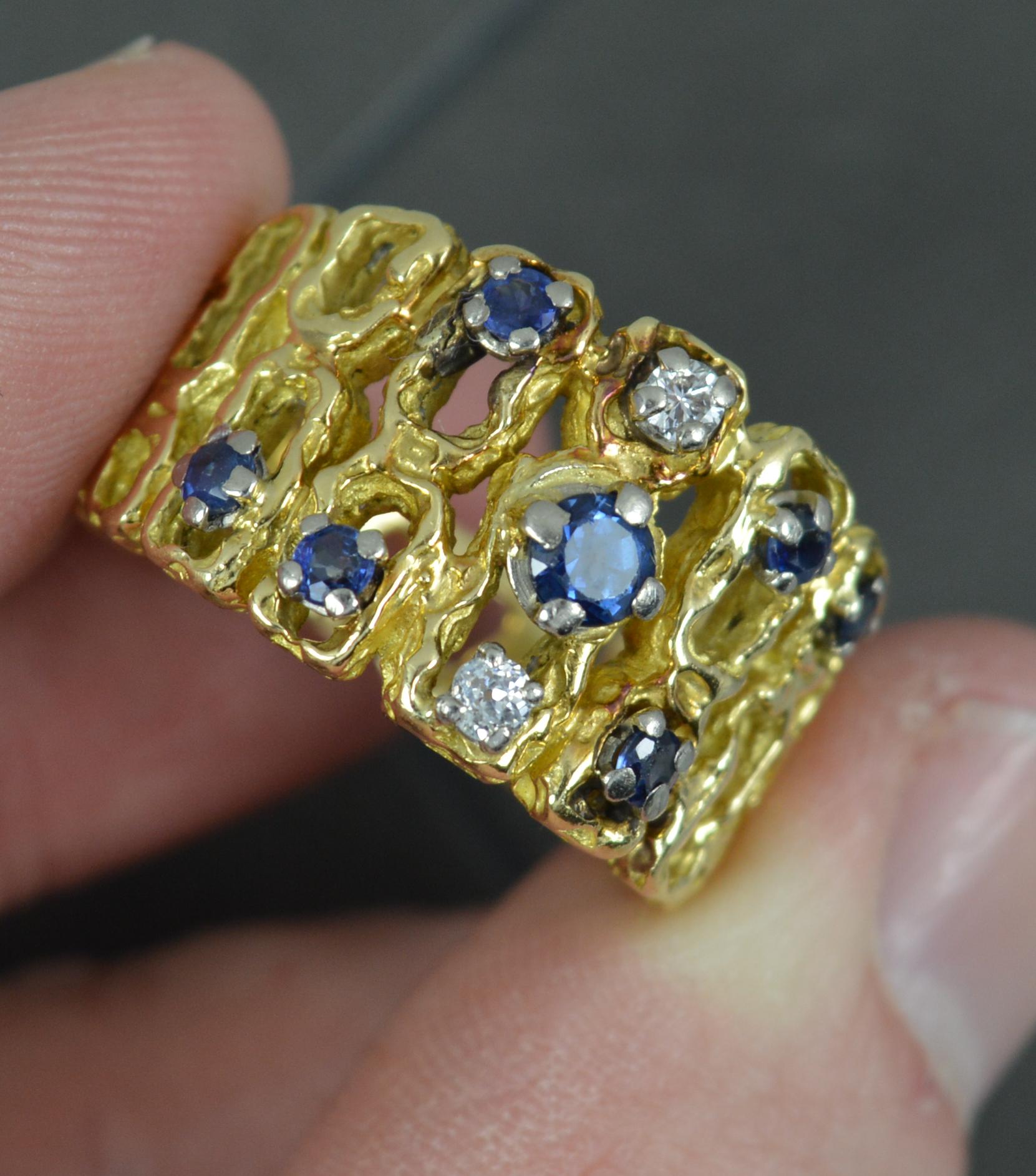 Bague rétro épaisse et abstraite en or 18 carats avec saphir et diamants 3