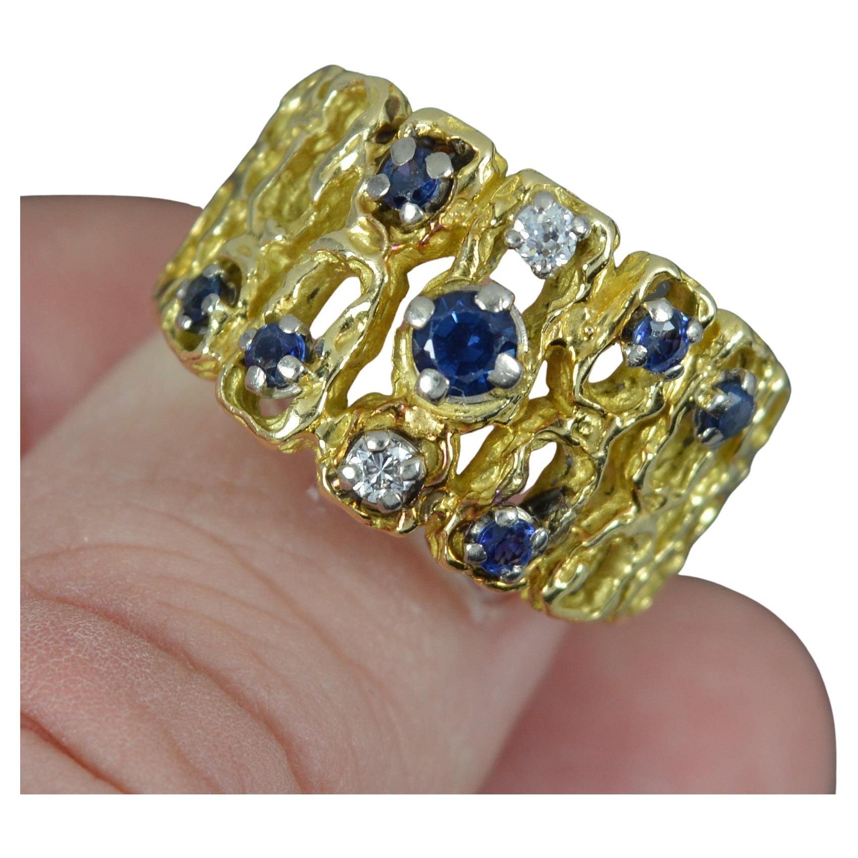 Bague rétro épaisse et abstraite en or 18 carats avec saphir et diamants