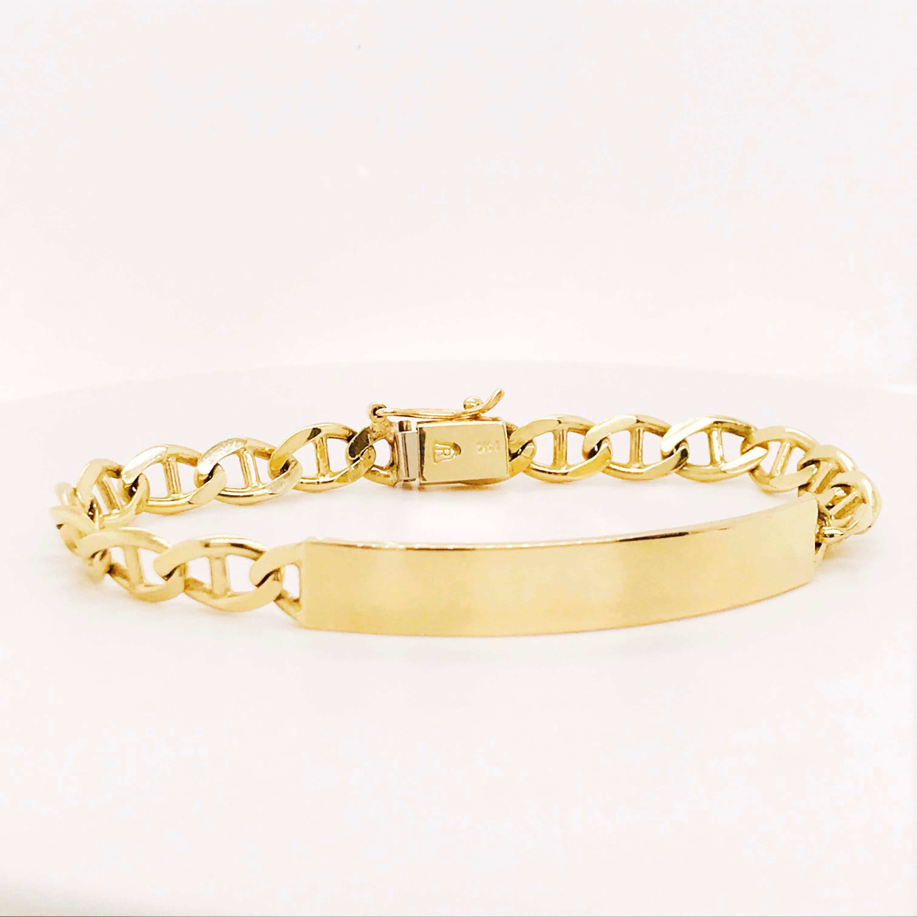 Modern Engravable ID Bracelet in 14 kt Gold with Anchor Link Chain for Men or LG Woman
