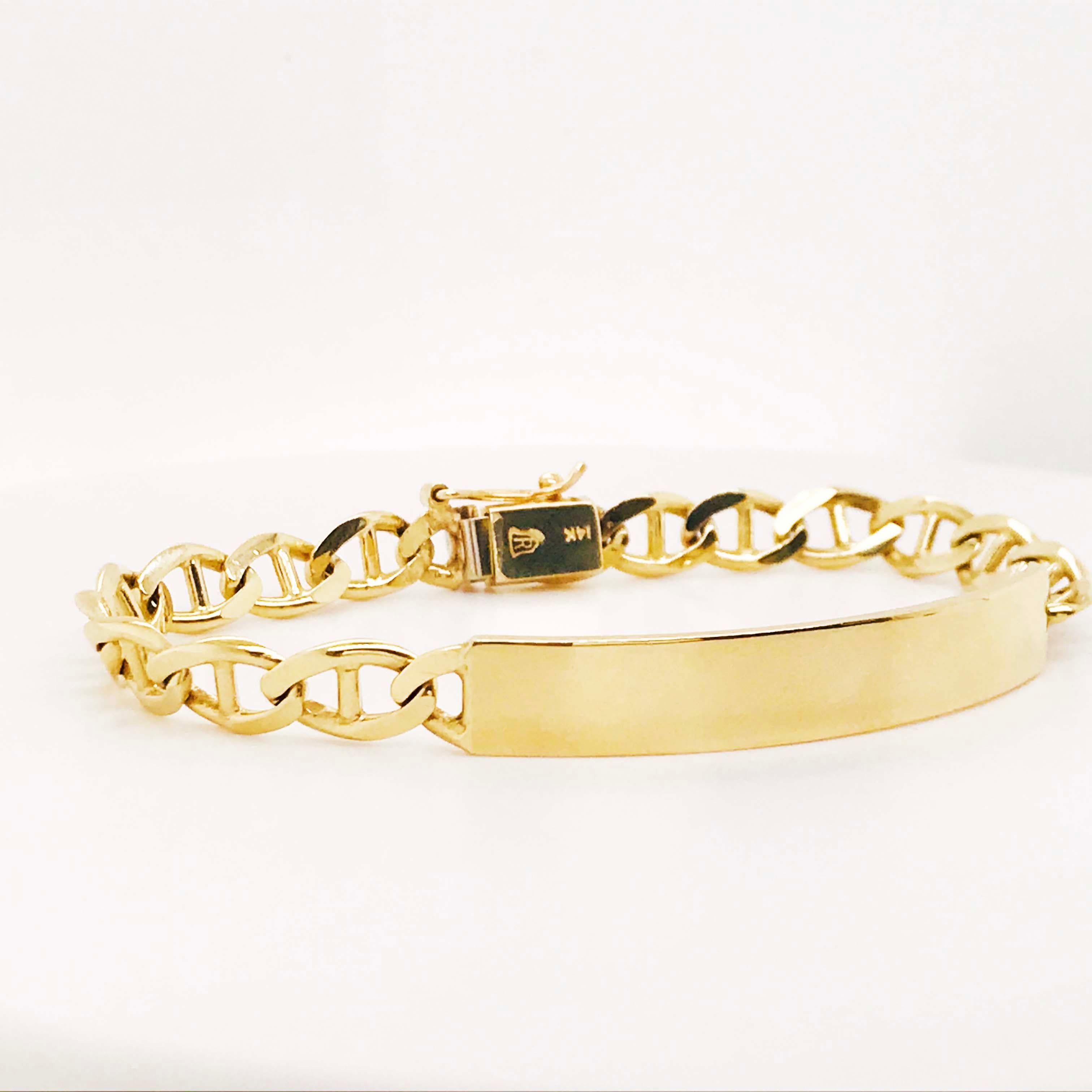 Engravable ID Bracelet in 14 kt Gold with Anchor Link Chain for Men or LG Woman In New Condition In Austin, TX