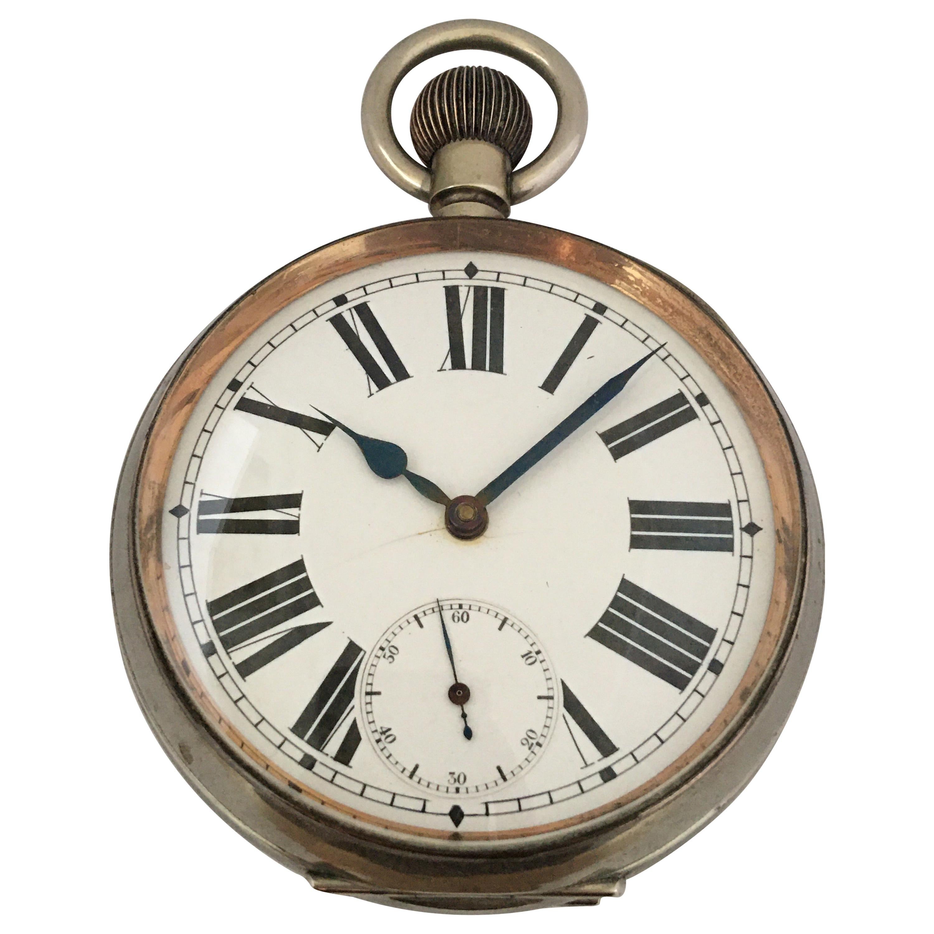 Heavy and Big Antique Silver Plated “Goliath” 8Day Pocket Watch For Sale