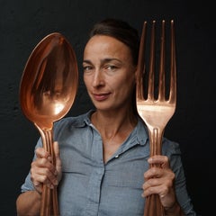 Heavy and Large Midcentury Giant Copper Cutlery Fork and Spoon Wall Decoration