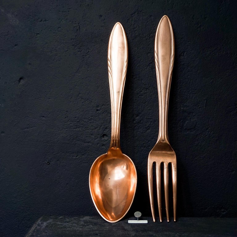 Heavy And Large Midcentury Giant Copper Cutlery Fork And Spoon