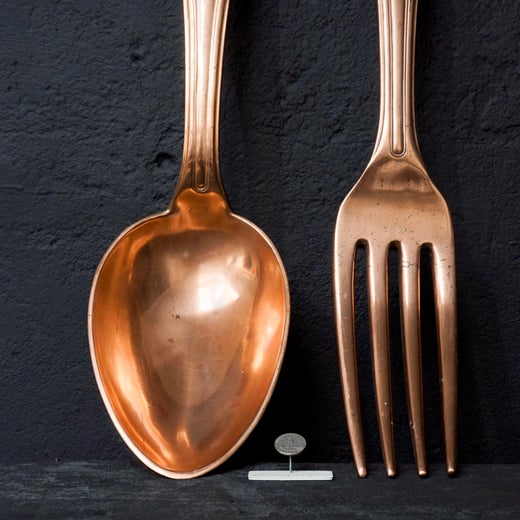 Heavy And Large Midcentury Giant Copper Cutlery Fork And Spoon