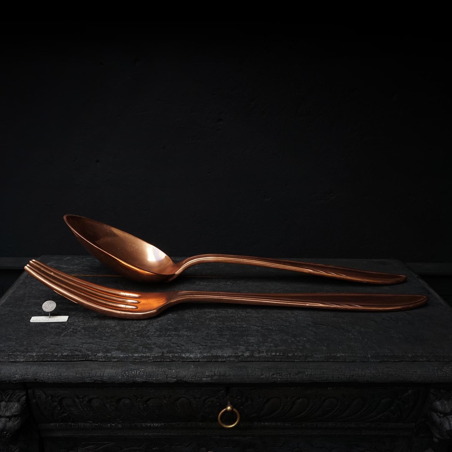 Mid-Century Modern Heavy and Large Midcentury Giant Copper Cutlery Fork and Spoon Wall Decoration