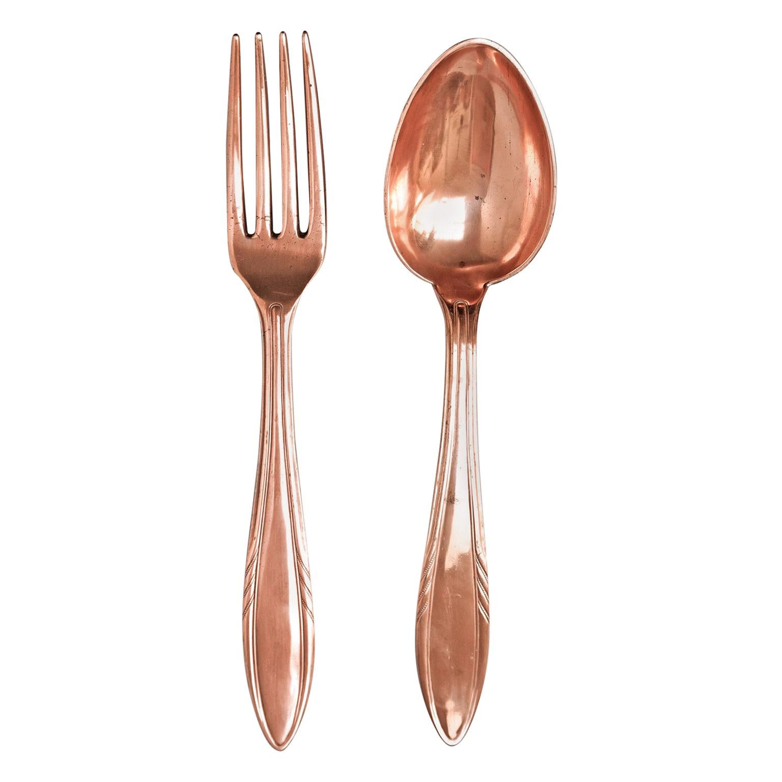 Heavy and Large Midcentury Giant Copper Cutlery Fork and Spoon Wall Decoration