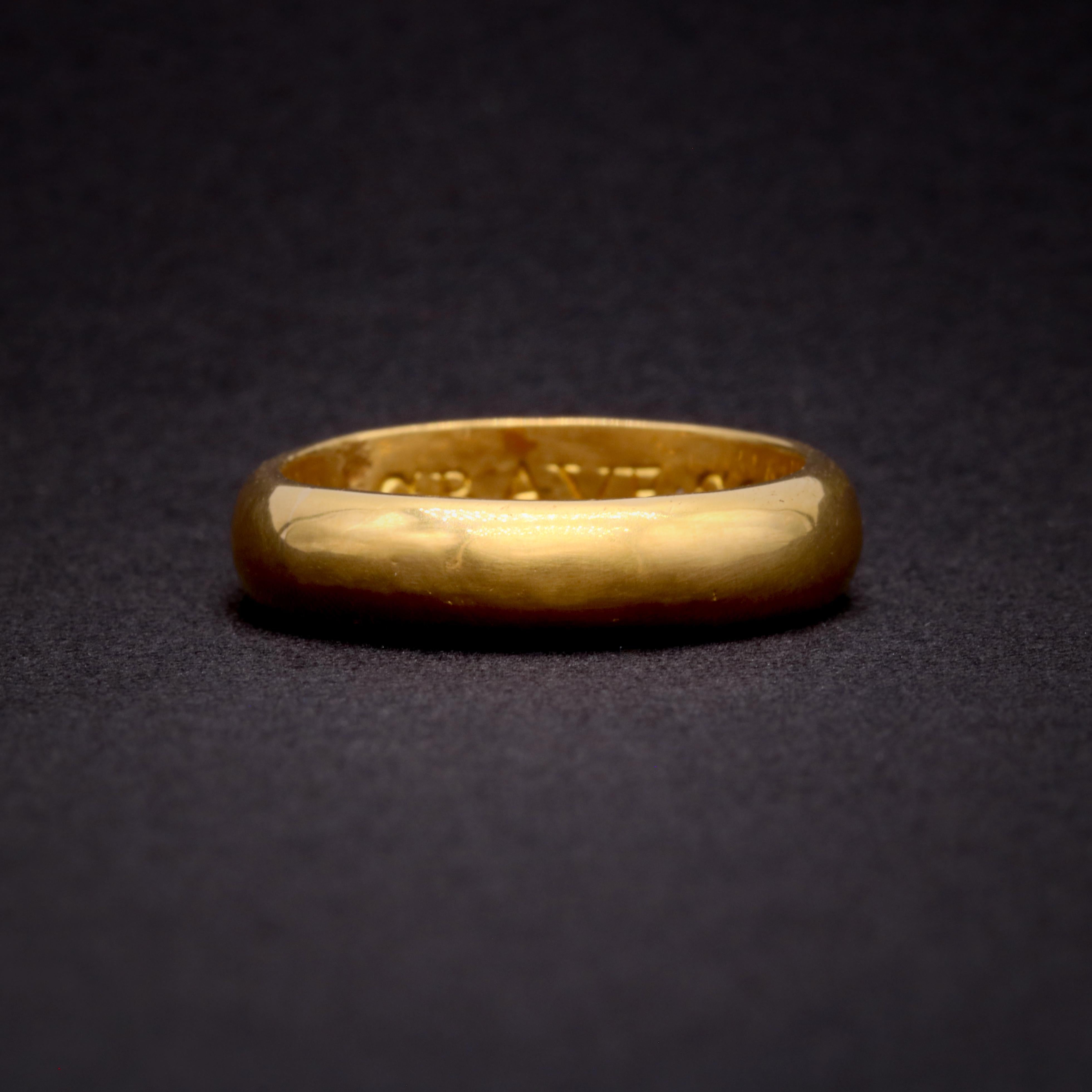 Women's or Men's Heavy Antique 17th Century 22K Gold “As I Crave So Let Me Have” Posy Band Ring For Sale