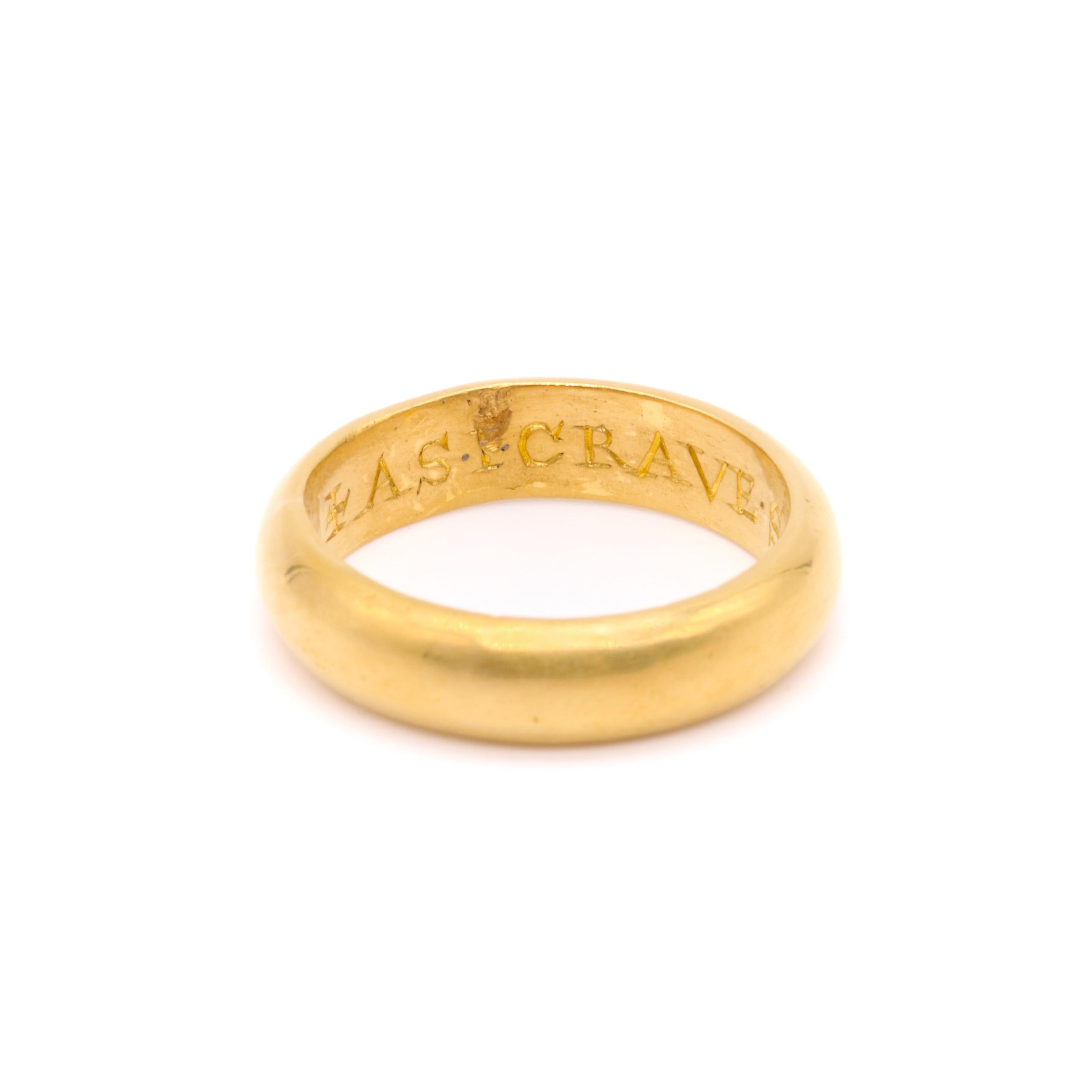 Heavy Antique 17th Century 22K Gold “As I Crave So Let Me Have” Posy Band Ring For Sale 4