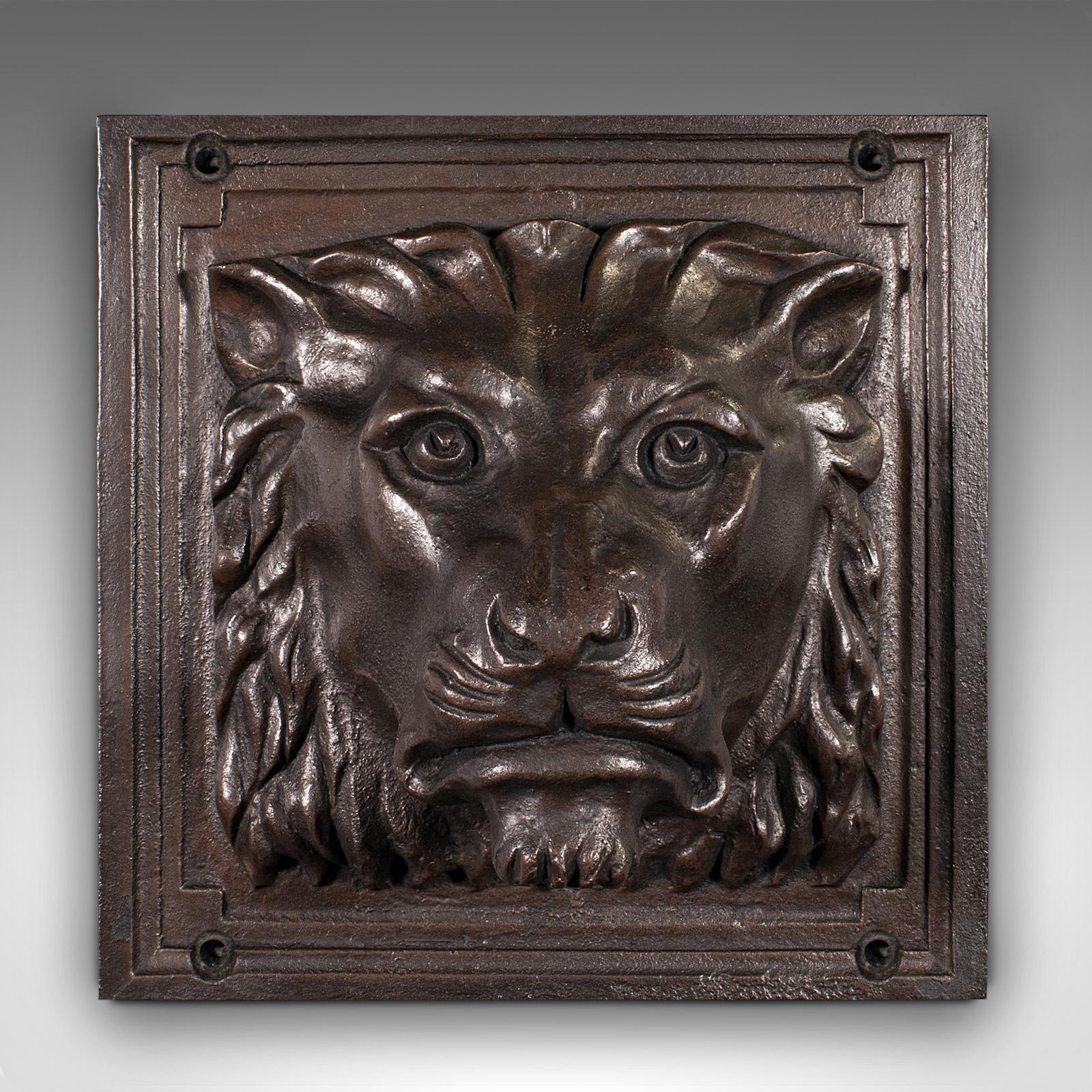 This is a heavy antique country house lion wall plaque. An English, cast iron gatehouse decorative relief portrait, dating to the late Victorian period, circa 1900.
 
Superb relief form, with great character and reassuring weight
Displays a