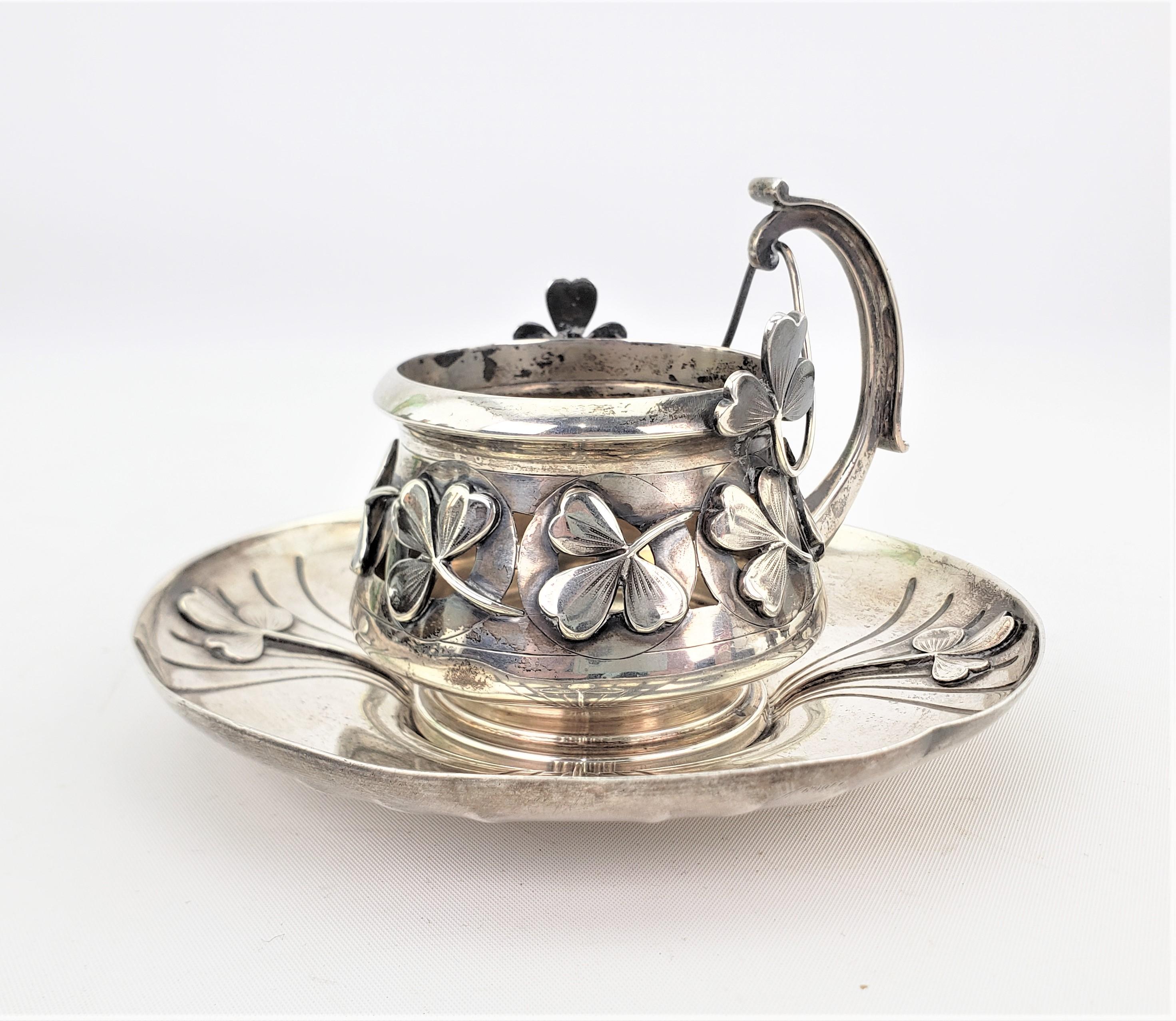 Heavy Antique French Art Nouveau Sterling Silver Cup & Saucer Set 'No Liner' In Good Condition In Hamilton, Ontario