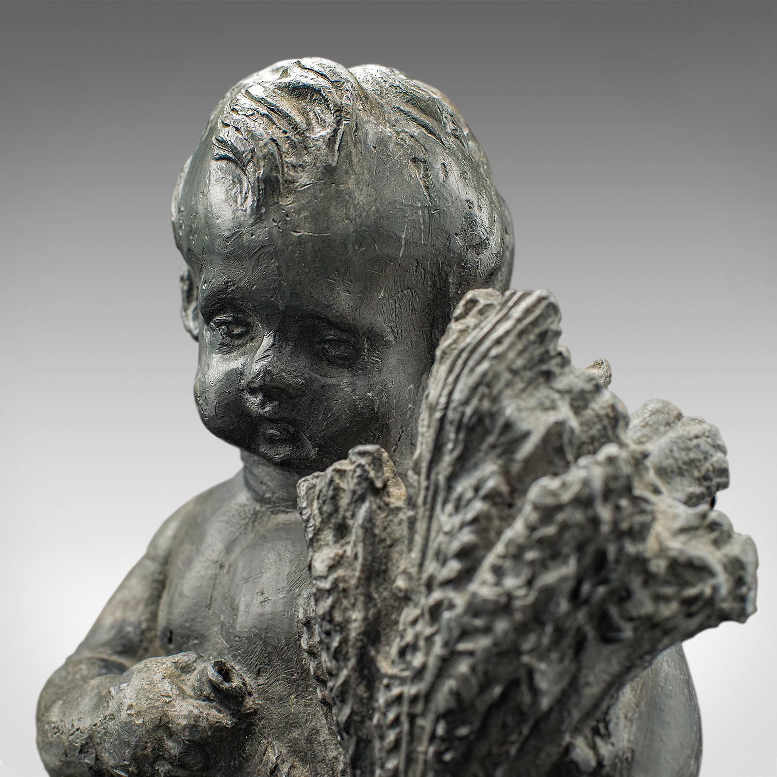 Heavy Antique Putto Figure, Italian, Lead Cherub Statue, Neoclassical, Victorian For Sale 6