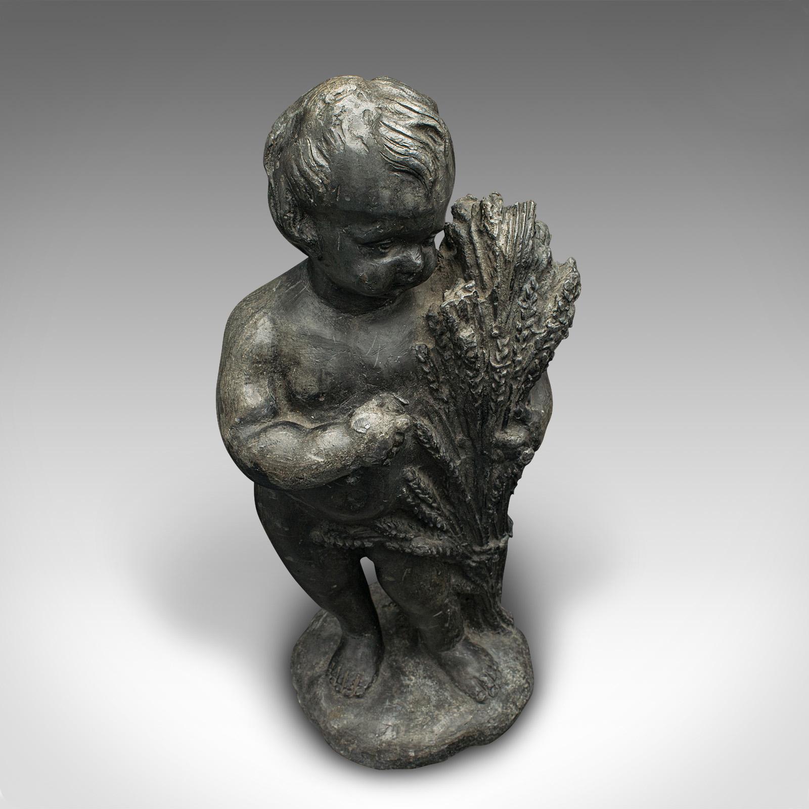 Heavy Antique Putto Figure, Italian, Lead Cherub Statue, Neoclassical, Victorian For Sale 2