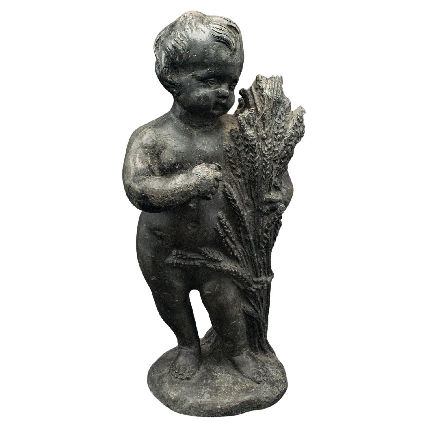 Heavy Antique Putto Figure, Italian, Lead Cherub Statue, Neoclassical, Victorian For Sale