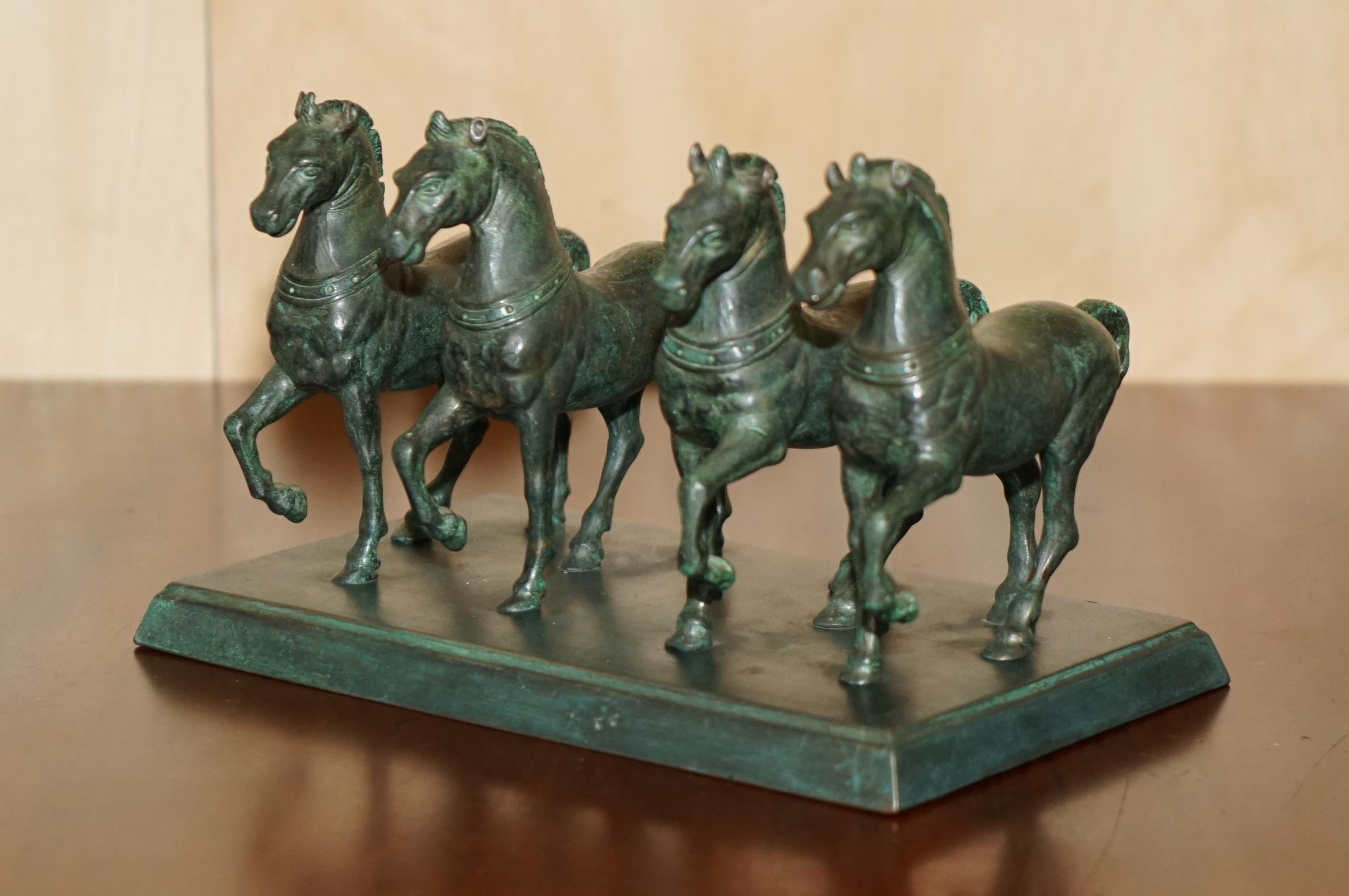Hand-Crafted HEAVY ANTIQUE SiGNED GRAND TOUR BRONZE STATUE OF THE FOUR HORSES OF SAINT MARKS For Sale