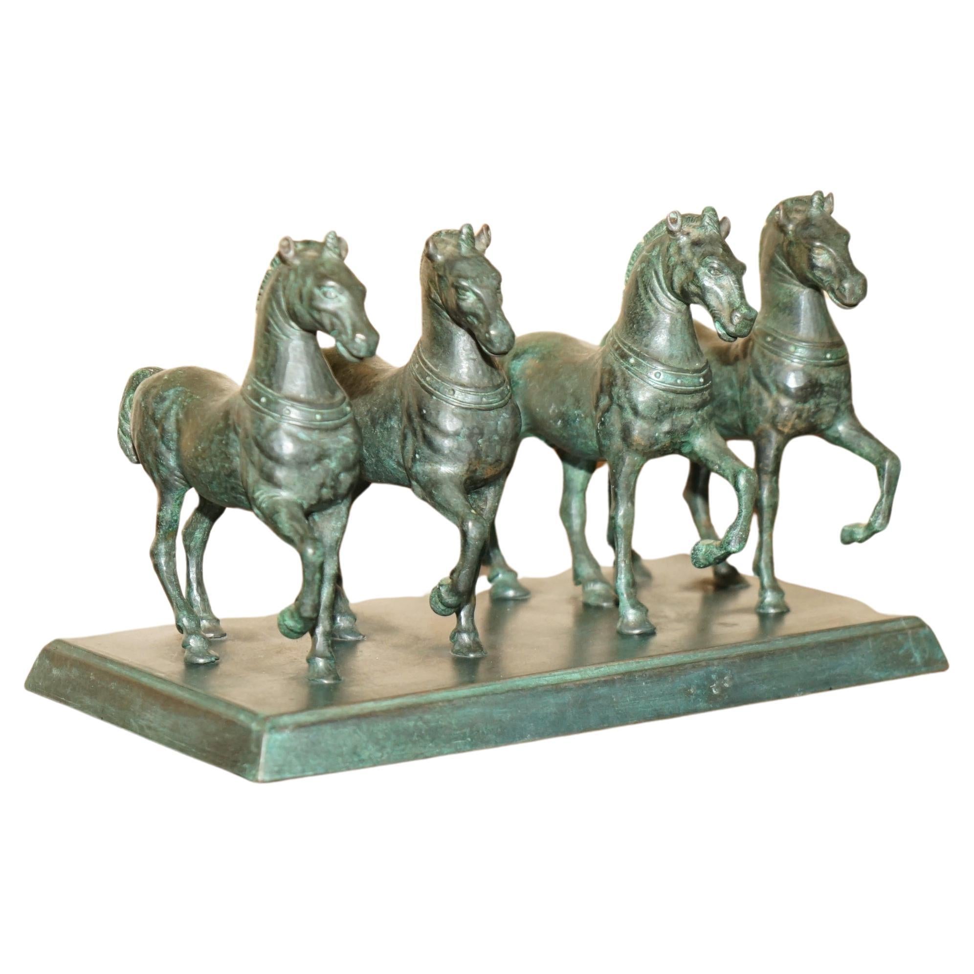 HEAVY ANTIQUE SiGNED GRAND TOUR BRONZE STATUE OF THE FOUR HORSES OF SAINT MARKS For Sale