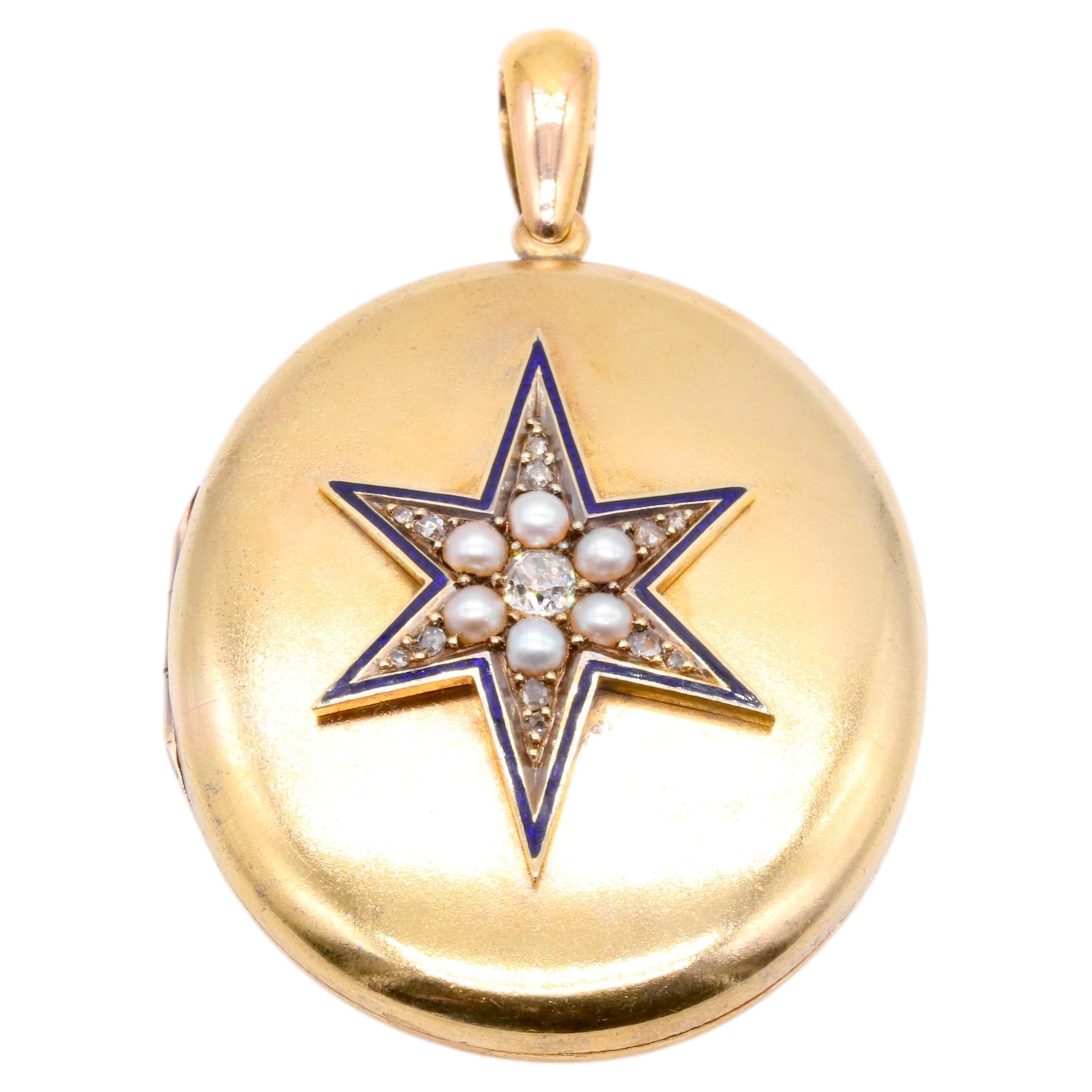 Pesante medaglione vittoriano d'epoca in oro giallo 14 carati con diamanti, perle e smalto blu a forma di stella