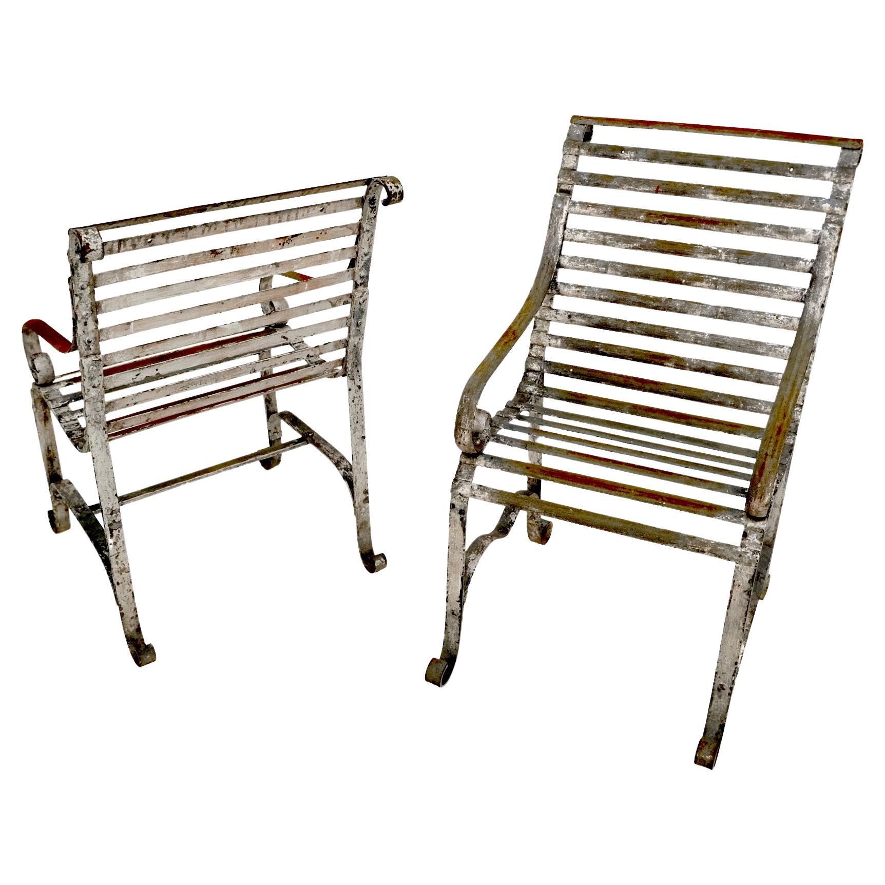 Heavy Antique Wrought Iron Outdoor Chairs His & Hers For Sale