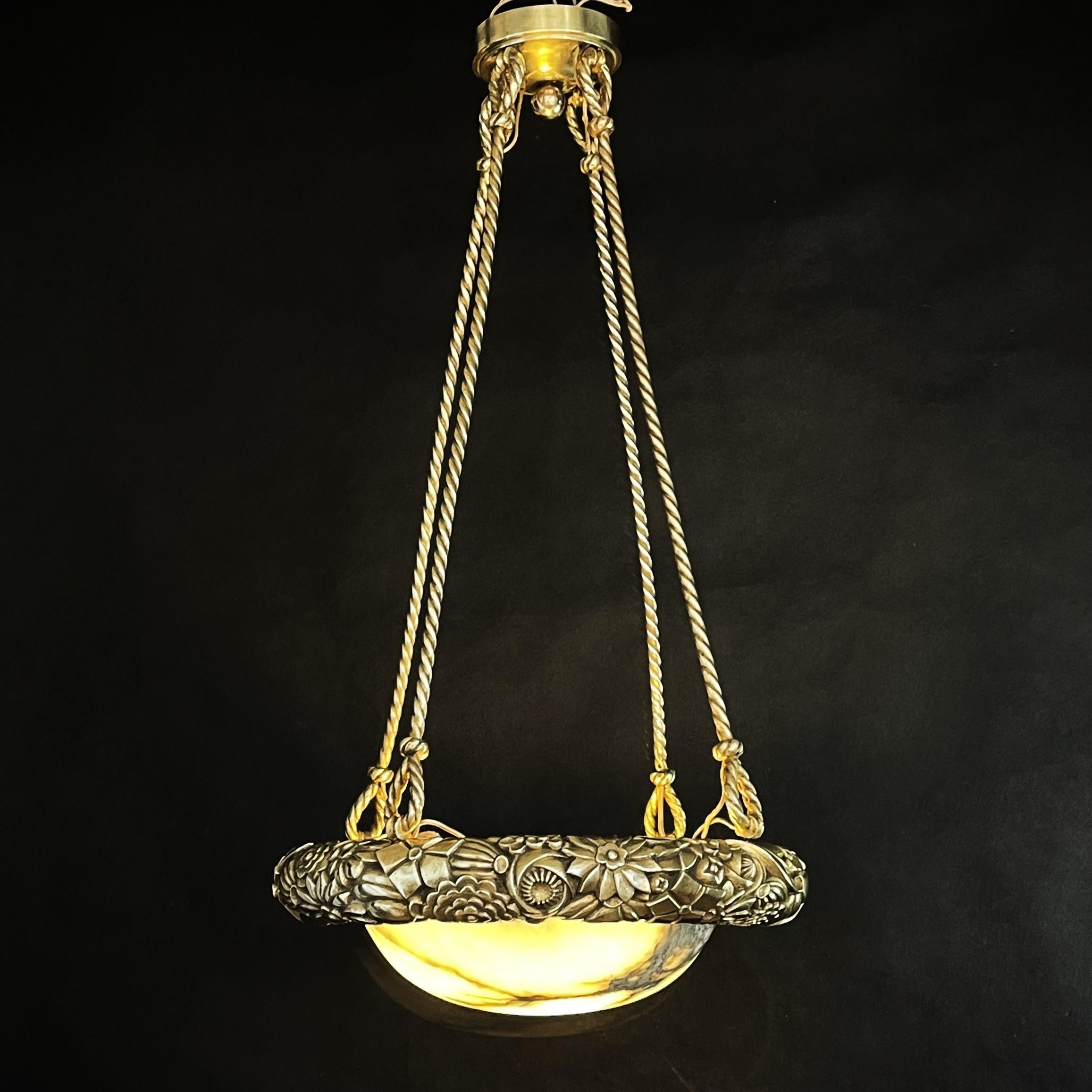Heavy Art Deco Chandelier Hanging Lamp Bronze Lamp Alabaster Bowl, 1920s For Sale 5