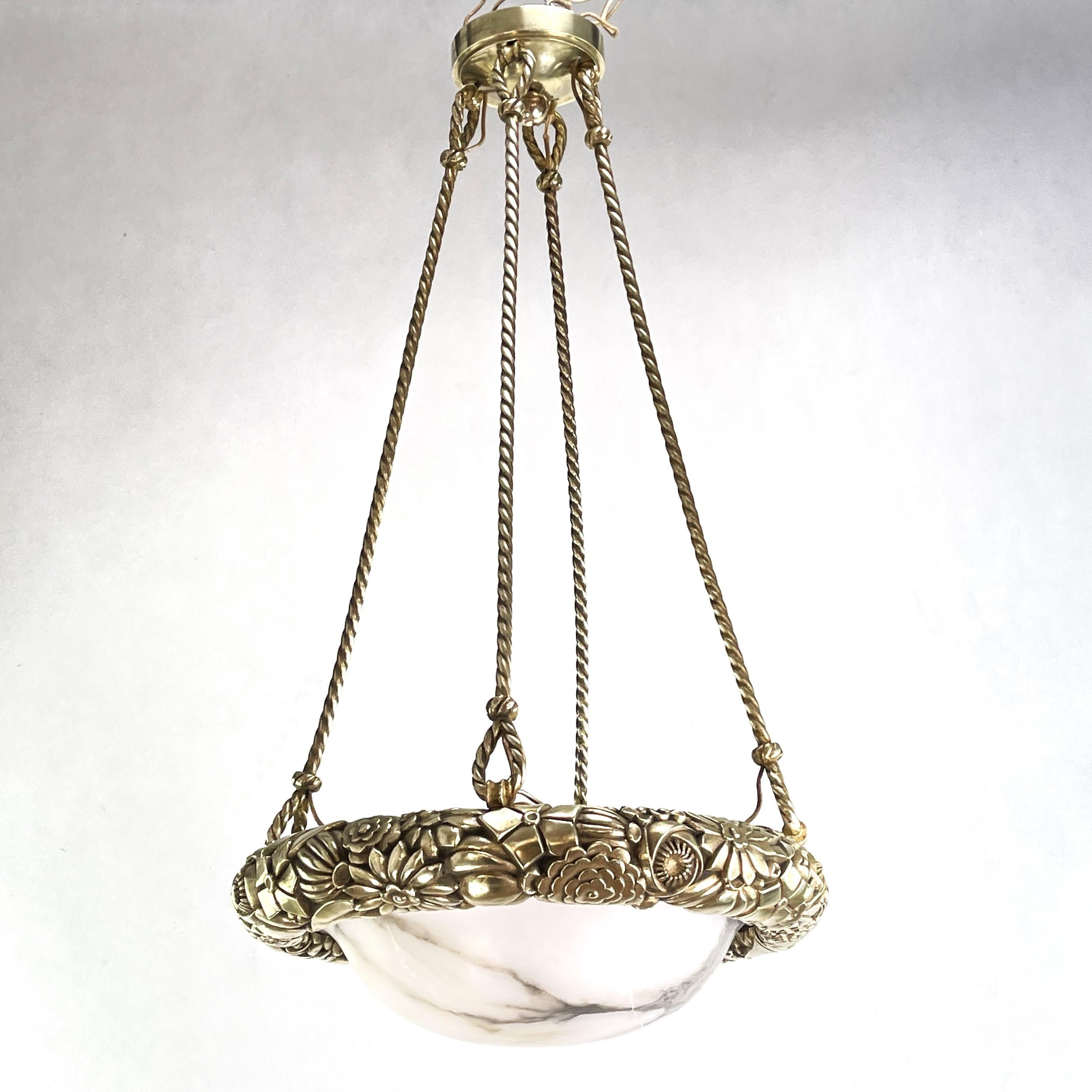 French Heavy Art Deco Chandelier Hanging Lamp Bronze Lamp Alabaster Bowl, 1920s For Sale