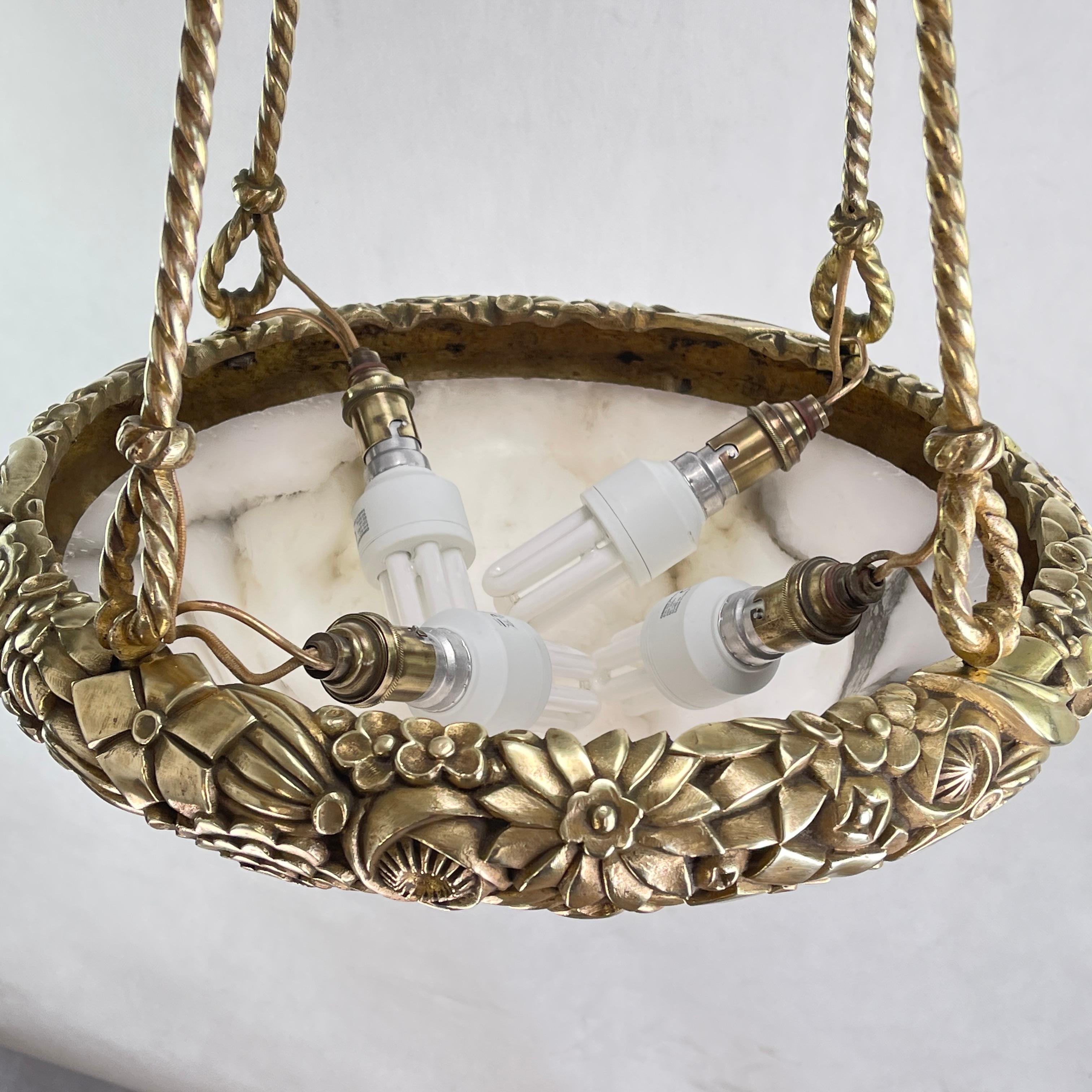 Heavy Art Deco Chandelier Hanging Lamp Bronze Lamp Alabaster Bowl, 1920s For Sale 3