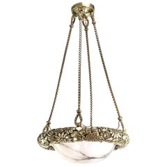 Heavy Art Deco Chandelier Hanging Lamp Bronze Lamp Alabaster Bowl, 1920s