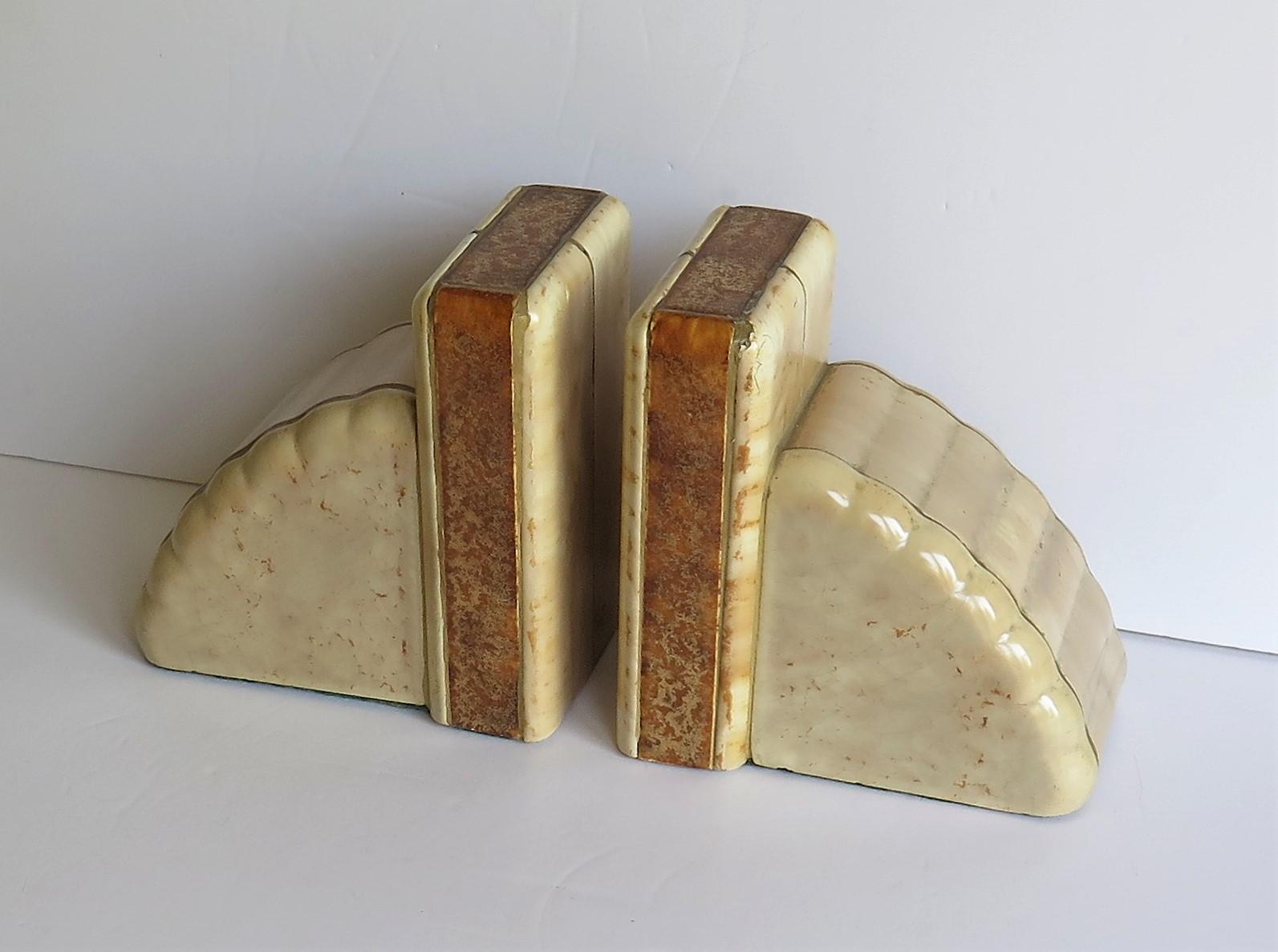 20th Century Heavy Art Deco Marble Bookends Hand Carved Scallop Shell Design, French Ca 1920s