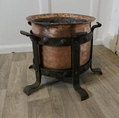 Heavy Arts and Crafts Copper and Wrought Iron Log Bin