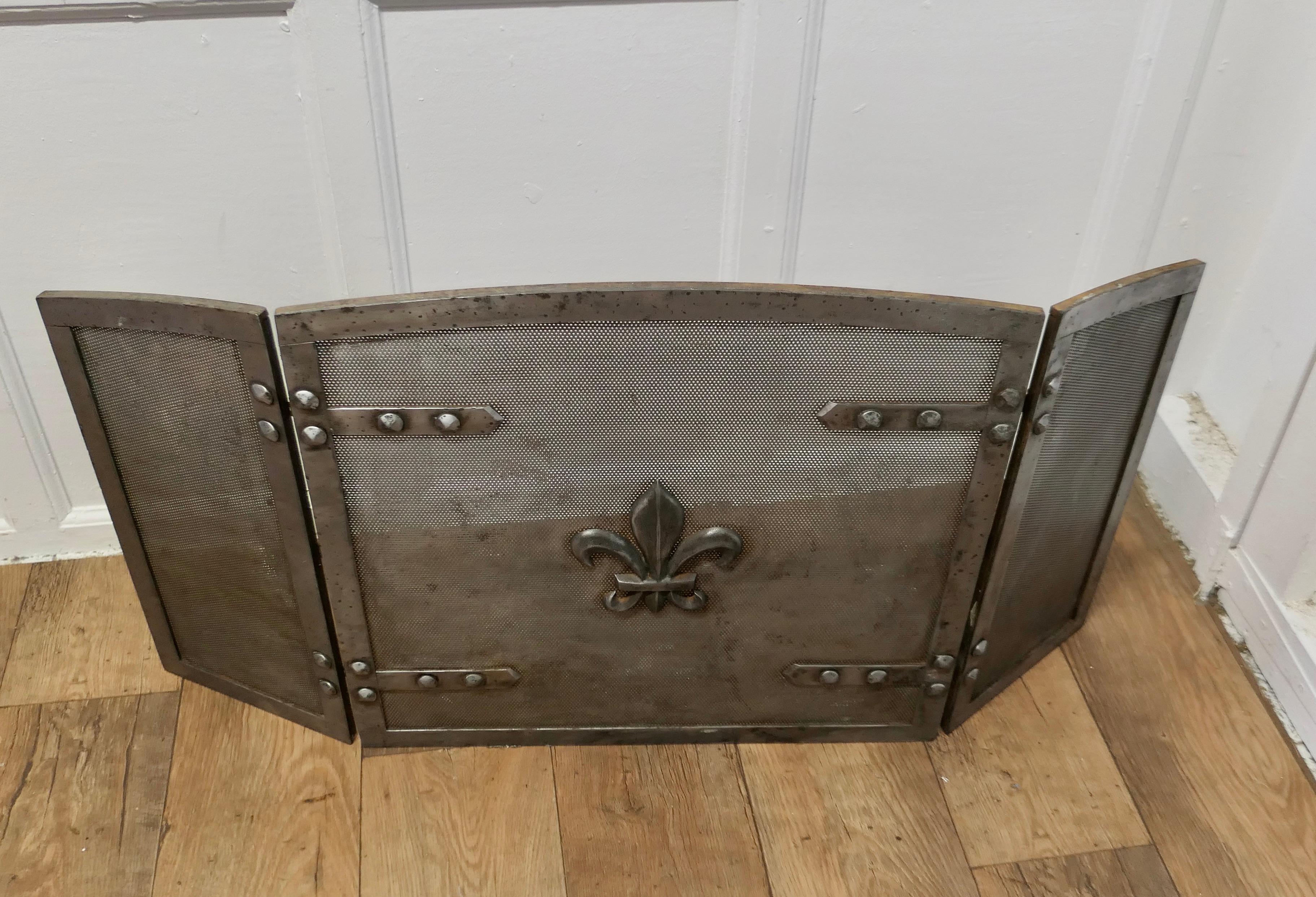 Heavy Arts and Crafts Steel Fire Guard for Inglenook Fireplace

This is a heavy folding Fireguard, it would suit a traditional Inglenook fireplace or any large fire 
The guard has a heavy inset mesh detailed with a Fleur de lys at the centre
The