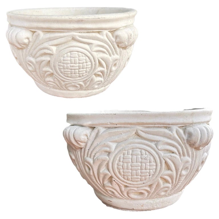 Heavy Asian Inspired Ornate Cast Concrete Garden Planters For Sale at 1stDibs