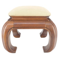 Heavy Asian Solid Mahogany Foot Stool Bench Ottoman New Solid Linen Upholstery