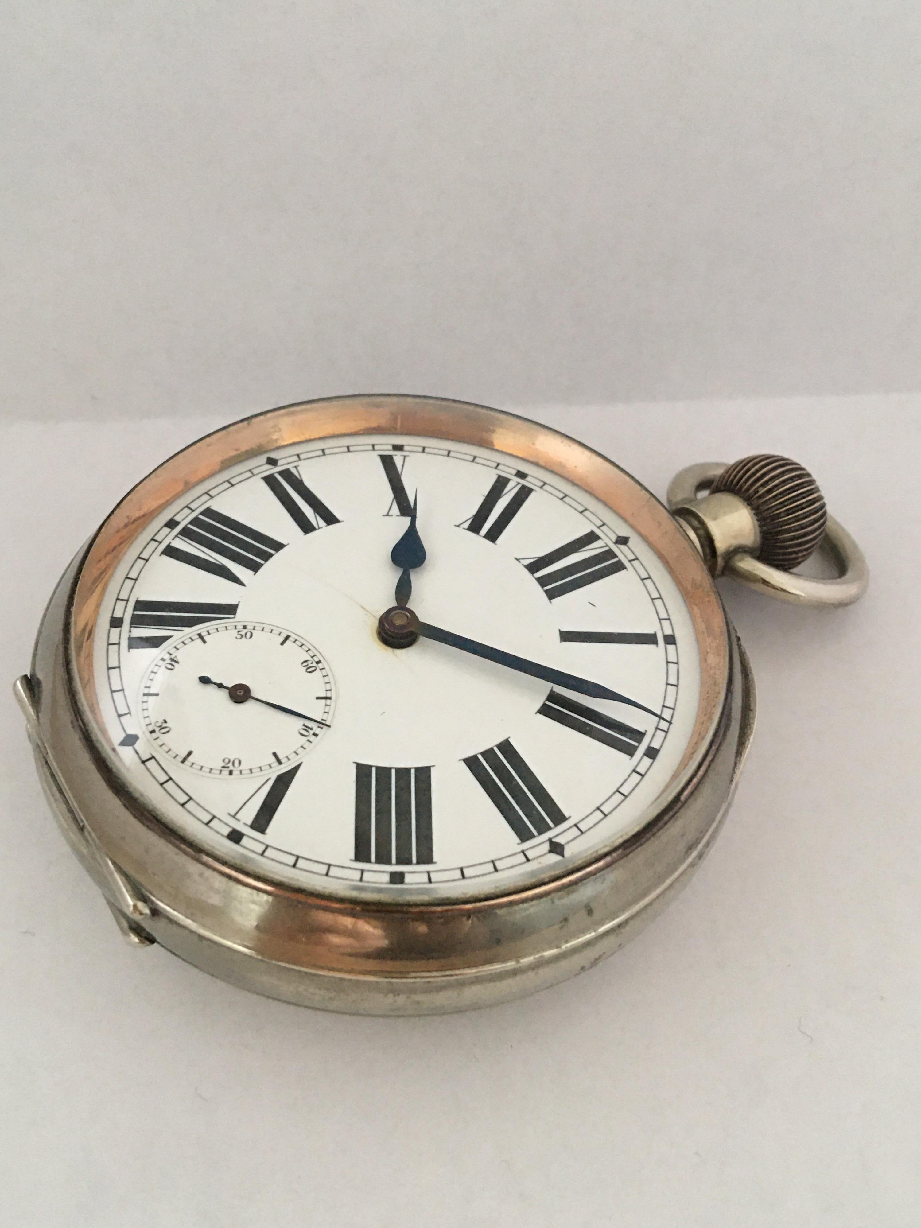 This amazingly big and heavy 8Day Movement Pocket Watch is working and it is ticking well. Visible hairline cracks on the dial and the stem hands is a bit tarnished as shown. Visible signs of gentle wearing on its silver plated case as shown. This