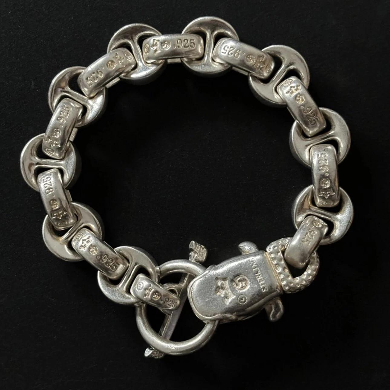 Women's or Men's Heavy Biker & Chrome Hearts Style Thick Sterling Silver Chain Bracelet For Sale