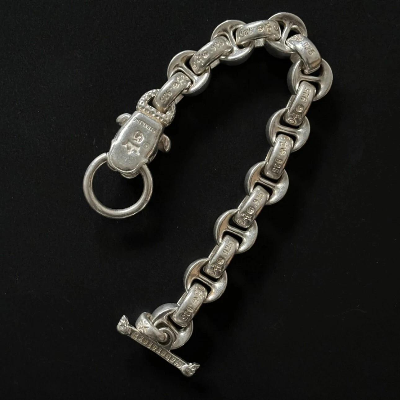 Heavy Biker & Chrome Hearts Style Thick Sterling Silver Chain Bracelet For Sale 2