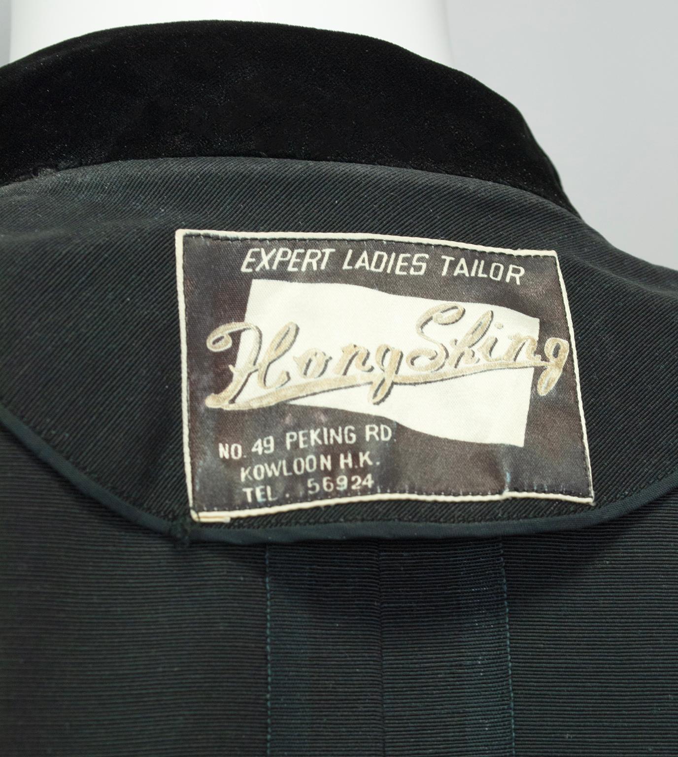 Robe circulaire en faille de soie noire à taille chemise avec bordure en velours, M-L, fin des années 1940 en vente 6