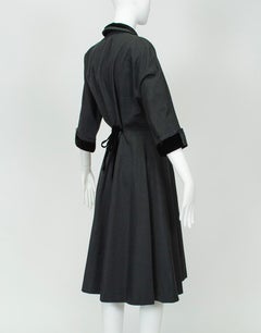 Heavy Black Silk Faille Shirtwaist Circle Dress w Velvet Trim, M-L, late 1940s
