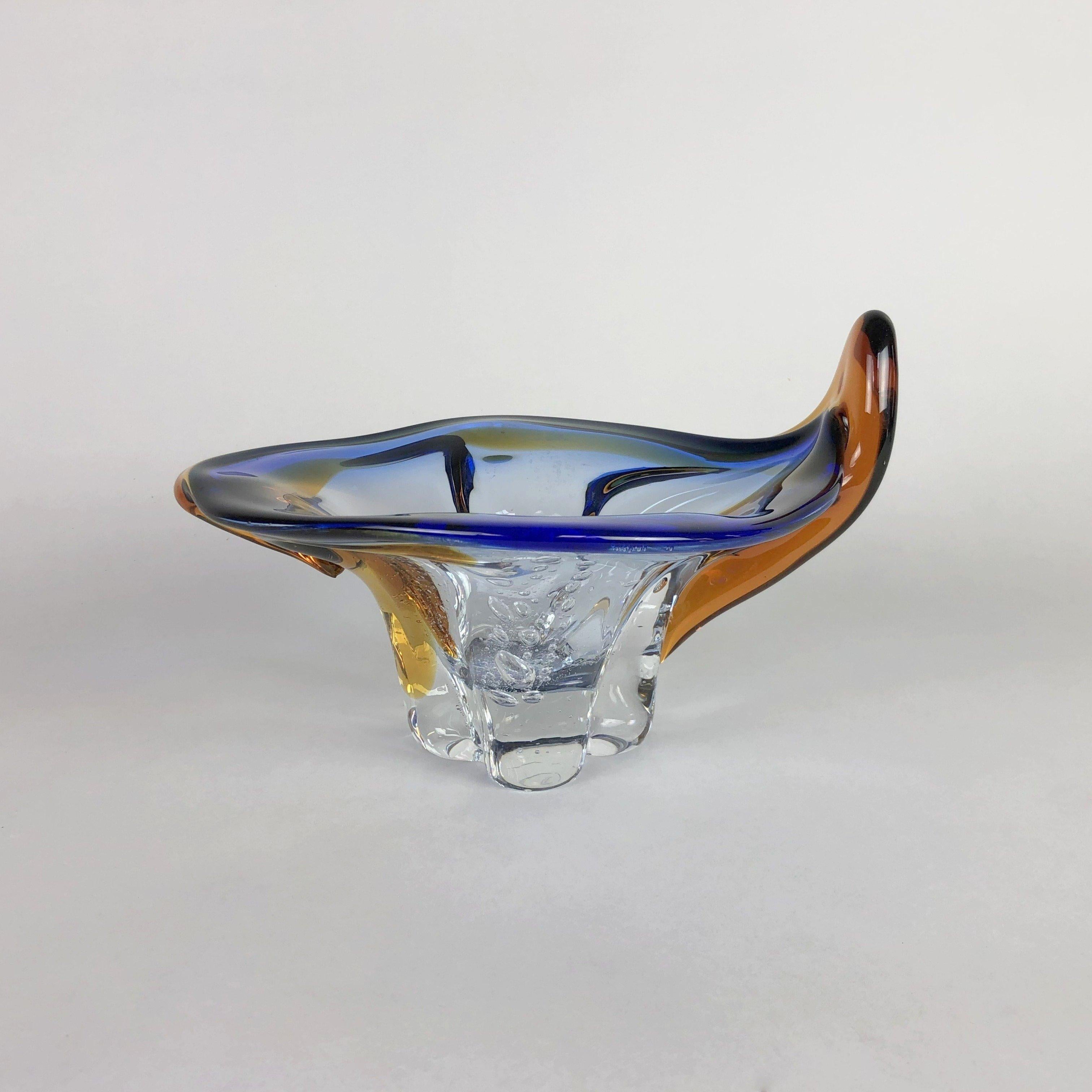 Very interesting, rare Bohemian glass bowl. Colourful glass bowl with bubbles. 
The bowl is approximately 16,5 cm (6.5 inch) high (at the highest point) and 27 cm (10.63 inch) wide and 21 cm (8.3 inch) deep. Weight is about 2,02 kg (4.45 pound).