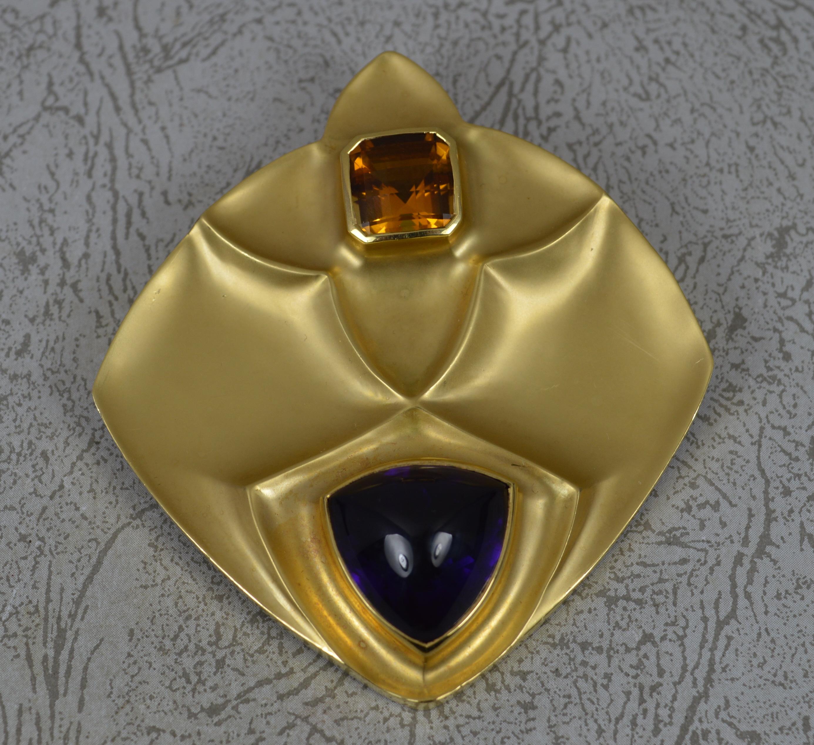 Women's Heavy Boodles 18ct Gold Amethyst and Citrine Brooch over 60 Grams