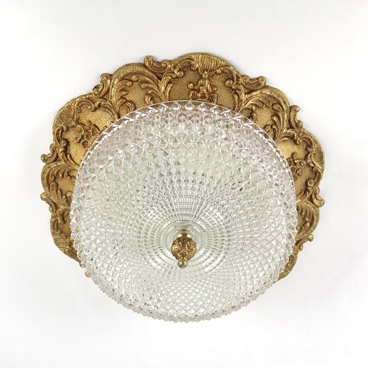 Baroque Revival Heavy Brass and Faceted Cut Glass Flush Mount with French Lily Motif For Sale