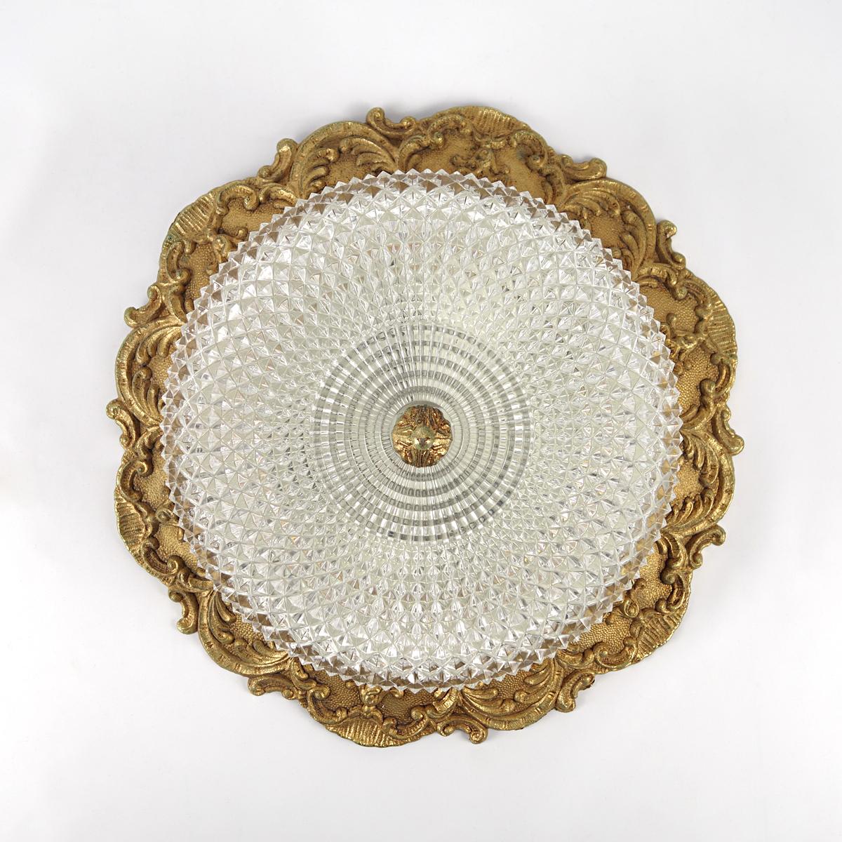 Heavy Brass and Faceted Cut Glass Flush Mount with French Lily Motif In Good Condition For Sale In Doornspijk, NL