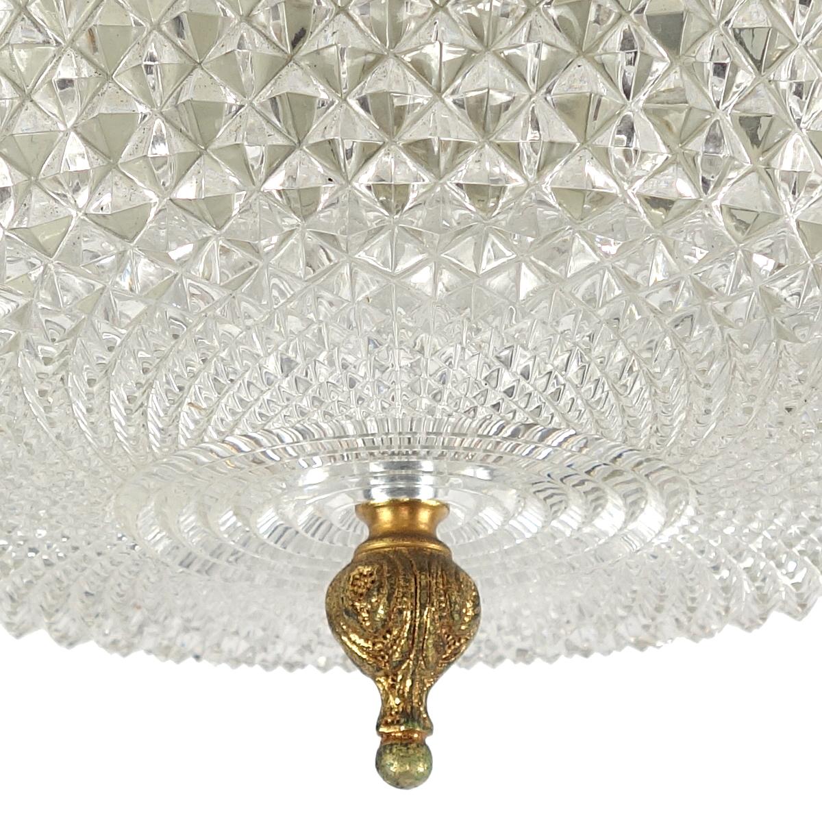 19th Century Heavy Brass and Faceted Cut Glass Flush Mount with French Lily Motif For Sale