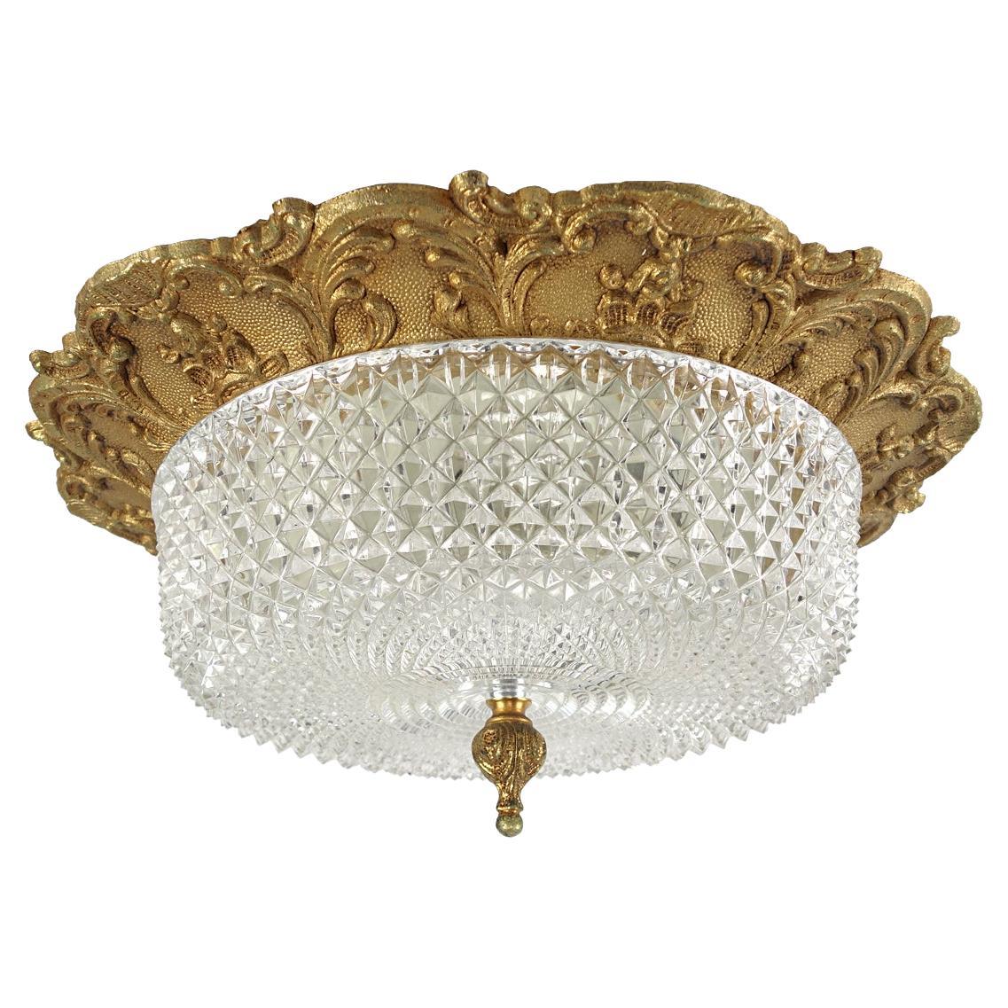 Heavy Brass and Faceted Cut Glass Flush Mount with French Lily Motif For Sale
