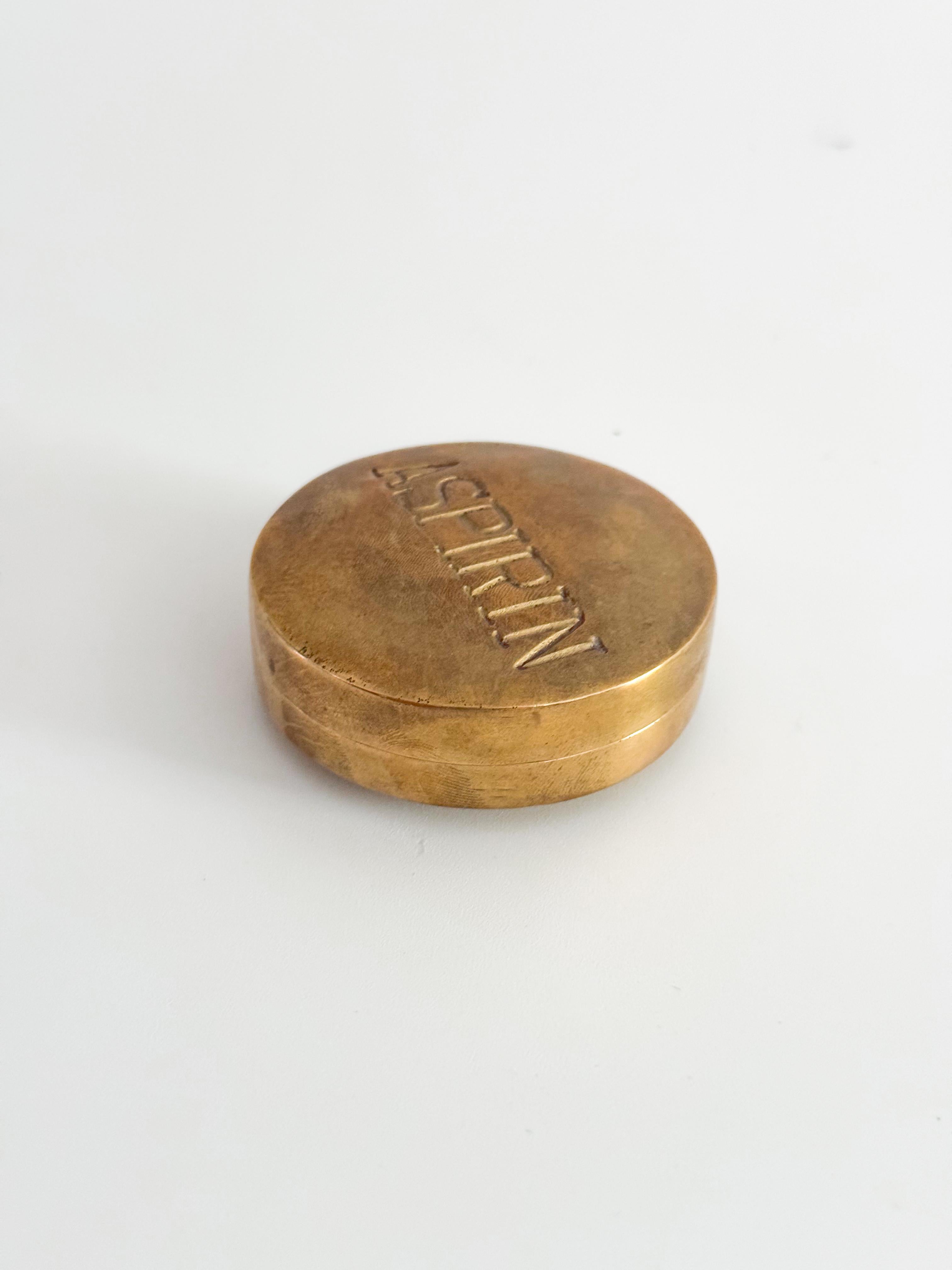 20th Century Heavy Brass Aspirin Pill Box – Mid-Century American Twist-Top Container Novelty For Sale