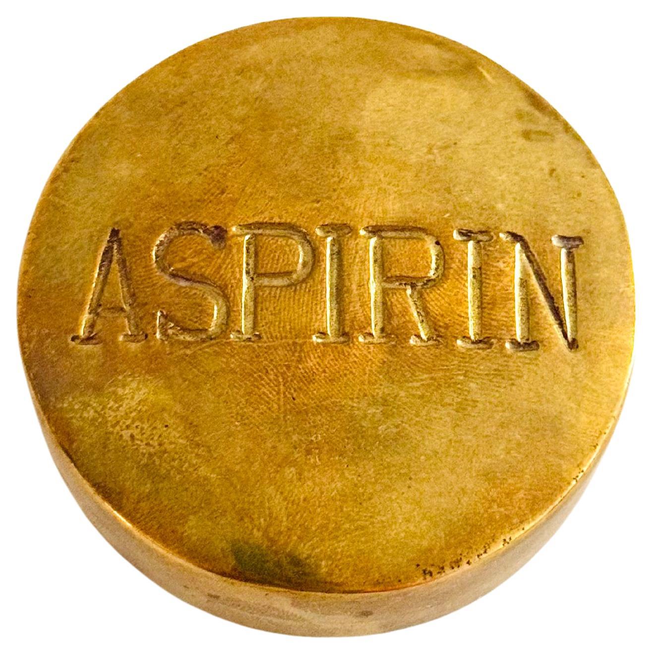 Heavy Brass Aspirin Pill Box – Mid-Century American Twist-Top Container Novelty For Sale