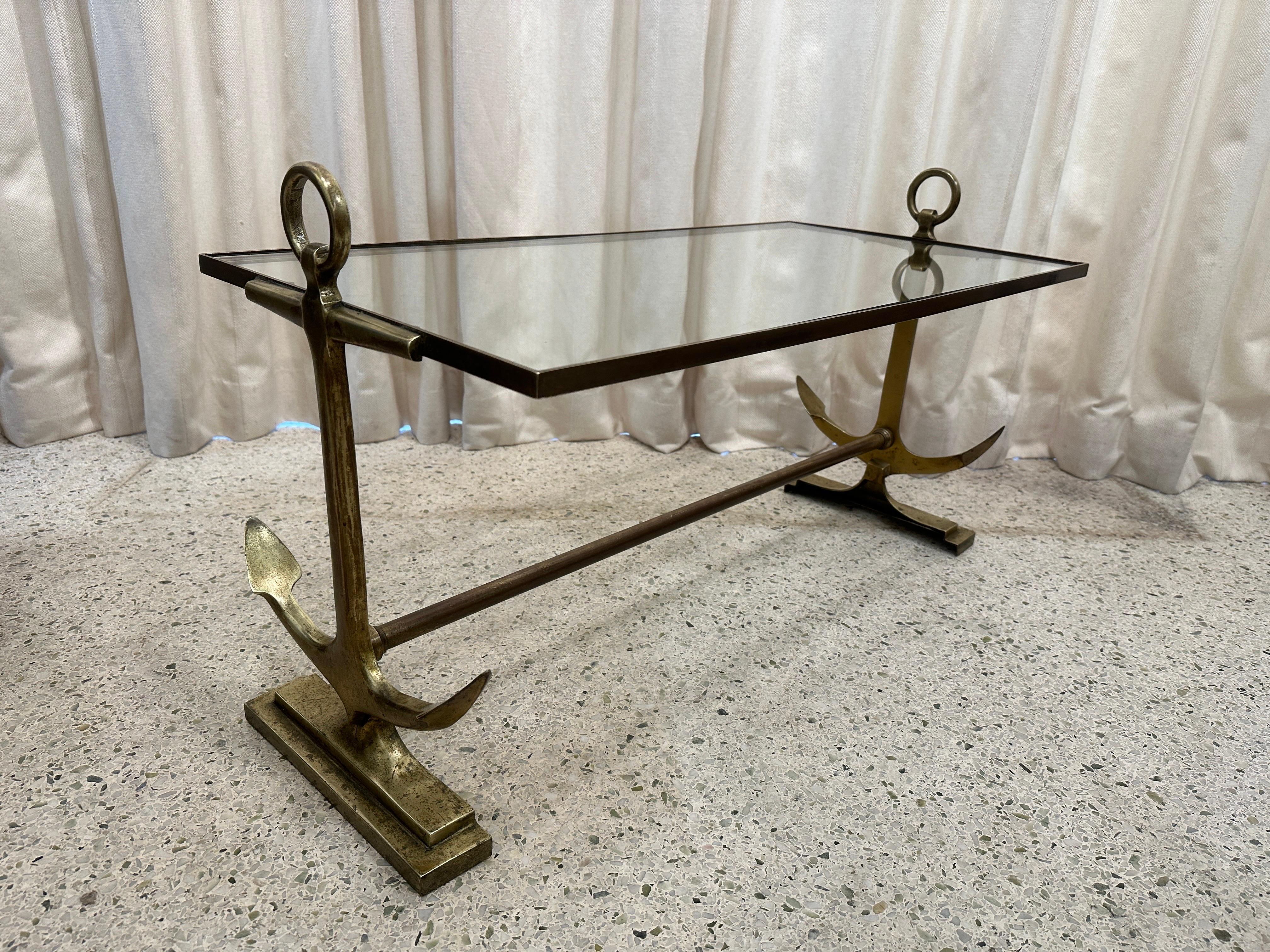 Heavy Brass & Glass Anchor Design Coffee Table, French 1960's For Sale 5