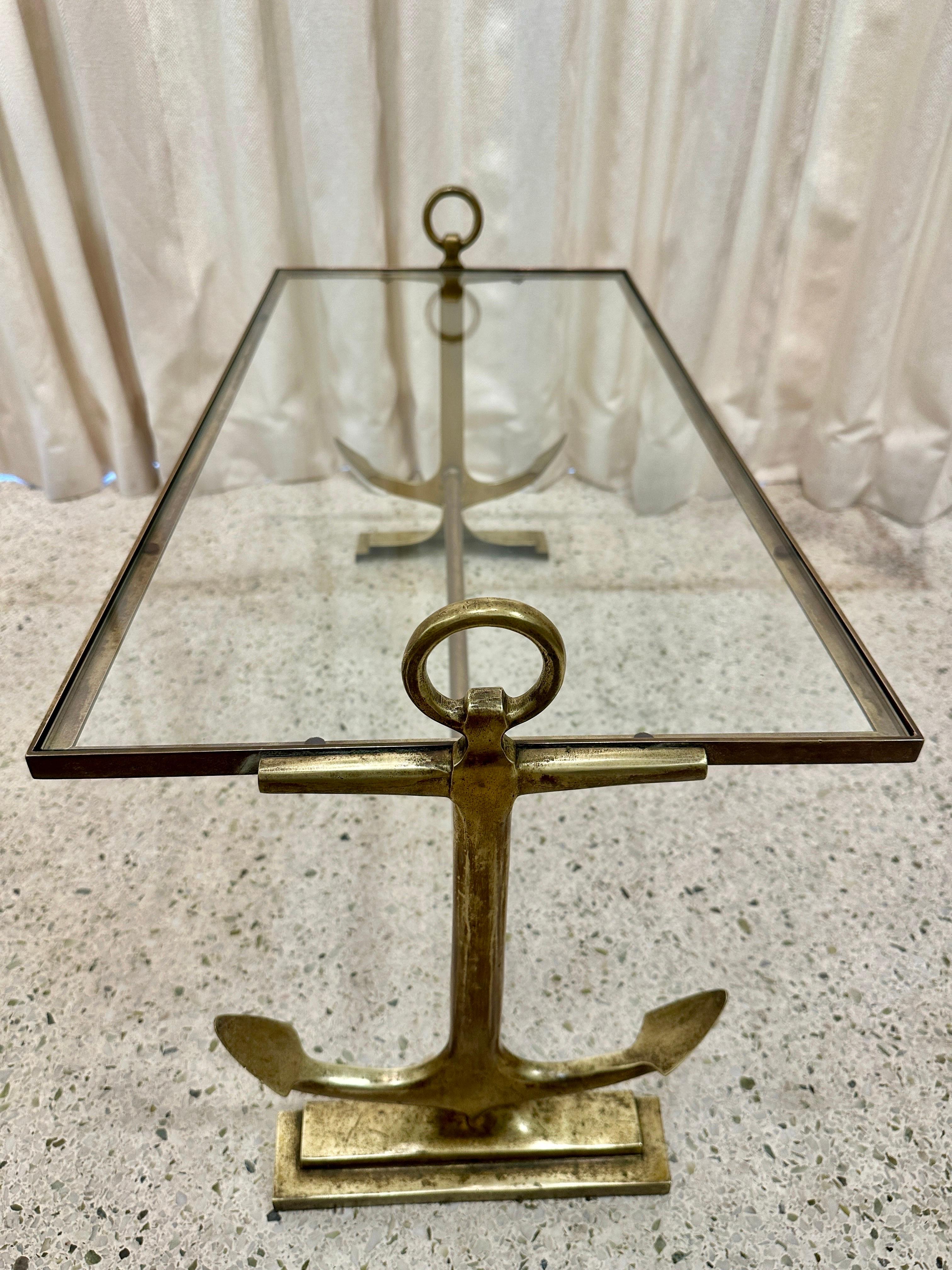 Mid-Century Modern Heavy Brass & Glass Anchor Design Coffee Table, French 1960's For Sale