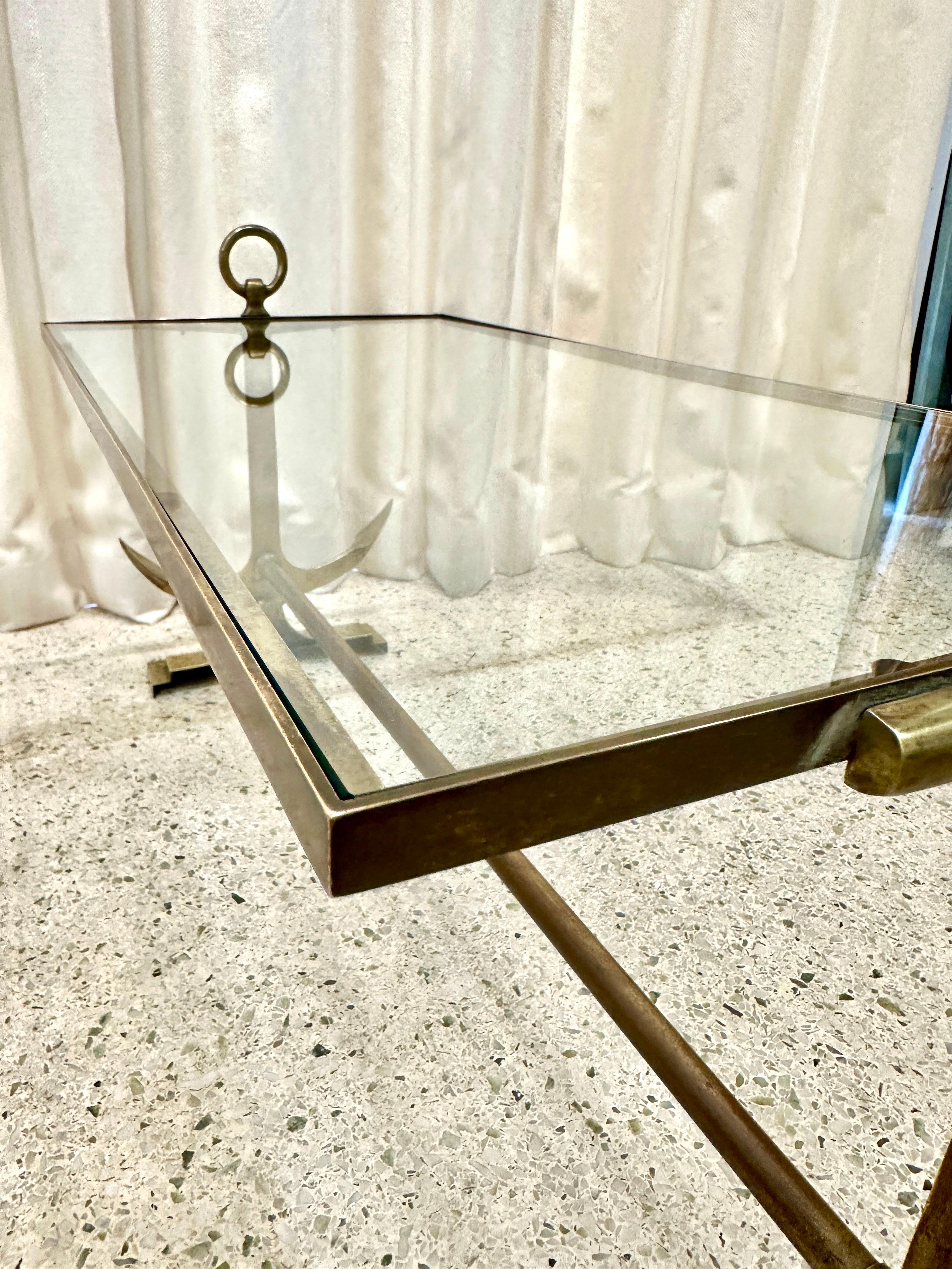 Mid-20th Century Heavy Brass & Glass Anchor Design Coffee Table, French 1960's For Sale